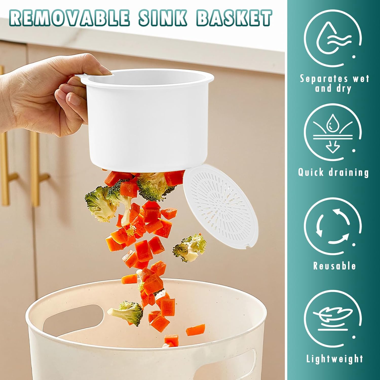 Sink Strainer Basket, Hang on Faucet Kitchen Sink Drain Basket, With Push to Empty & Detachable Fast-Drain Mesh, Multifunctionfor Kitchen Tools for Food Waste Removal & Veggie Washing (white) - Image 2