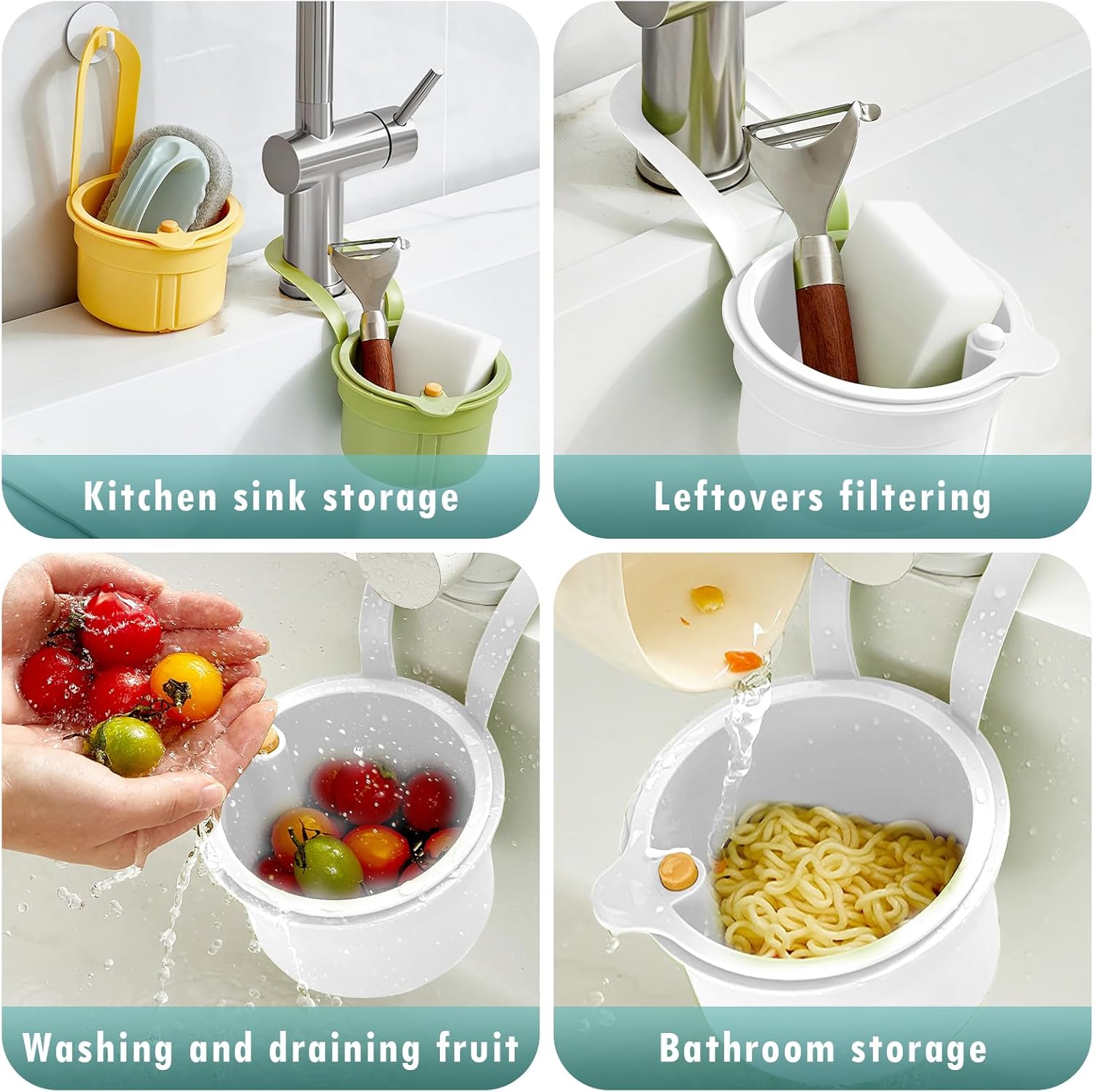 Sink Strainer Basket, Hang on Faucet Kitchen Sink Drain Basket, With Push to Empty & Detachable Fast-Drain Mesh, Multifunctionfor Kitchen Tools for Food Waste Removal & Veggie Washing (white) - Image 5