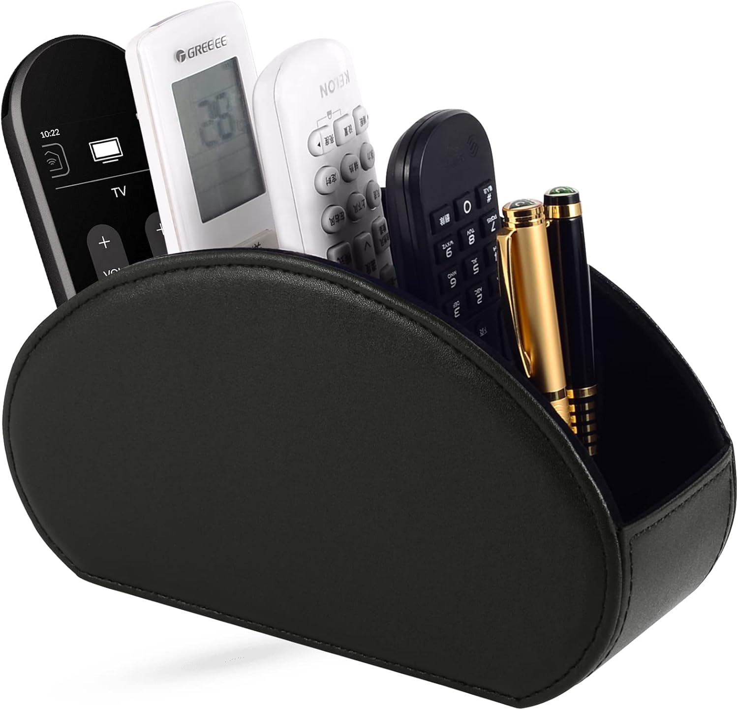 Tv Remote Holder Tray with 5 Compartments,PU Leather Remote Control Holder/Caddy Nightstand Decoration,Placed Media Remote Storage Box/Glasses/Makeup Brush/Office Products/Desktop Organizer (Black) - Image 1