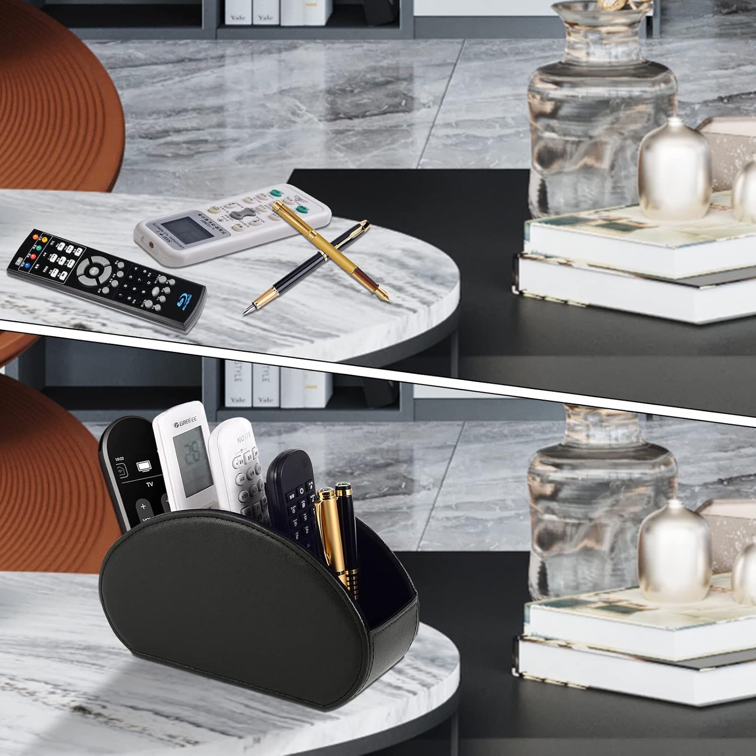 Tv Remote Holder Tray with 5 Compartments,PU Leather Remote Control Holder/Caddy Nightstand Decoration,Placed Media Remote Storage Box/Glasses/Makeup Brush/Office Products/Desktop Organizer (Black) - Image 2