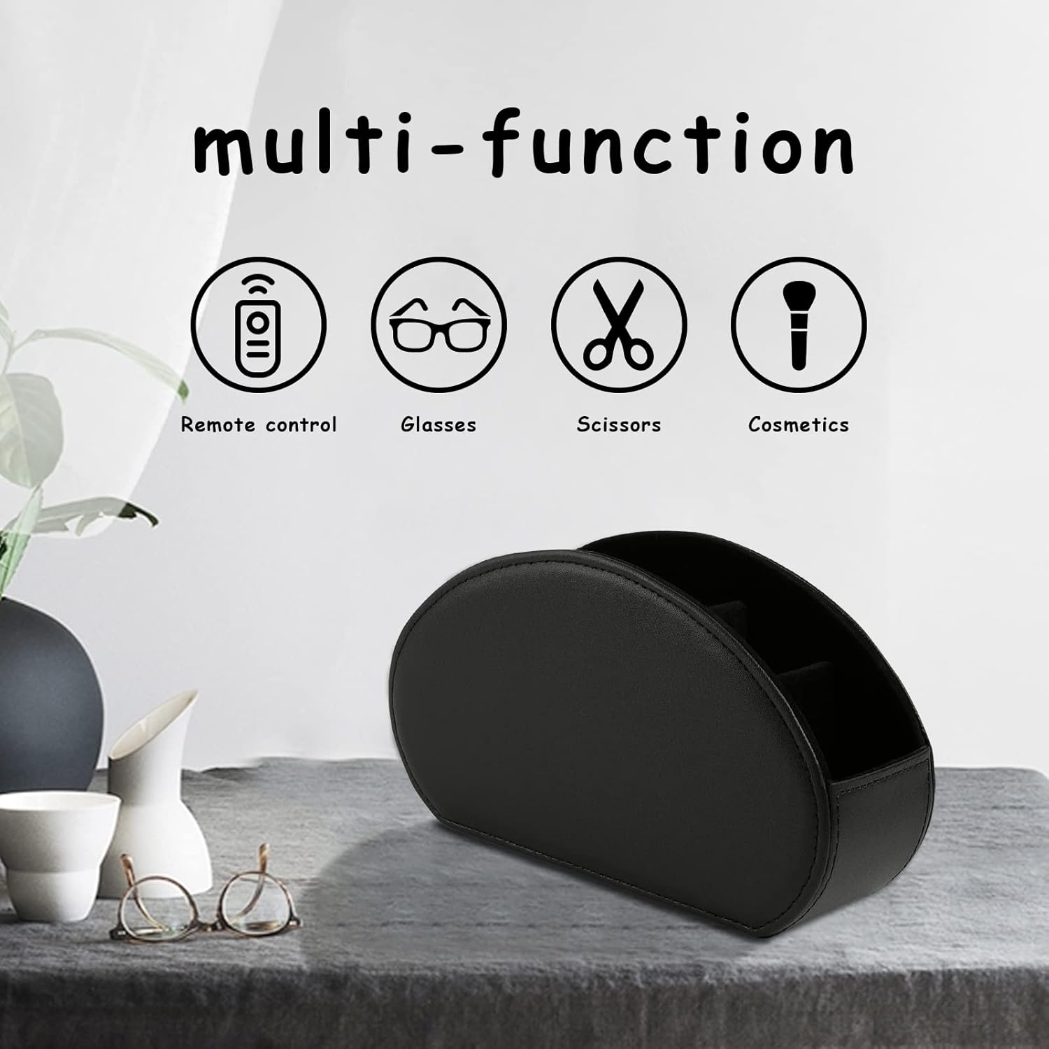 Tv Remote Holder Tray with 5 Compartments,PU Leather Remote Control Holder/Caddy Nightstand Decoration,Placed Media Remote Storage Box/Glasses/Makeup Brush/Office Products/Desktop Organizer (Black) - Image 5
