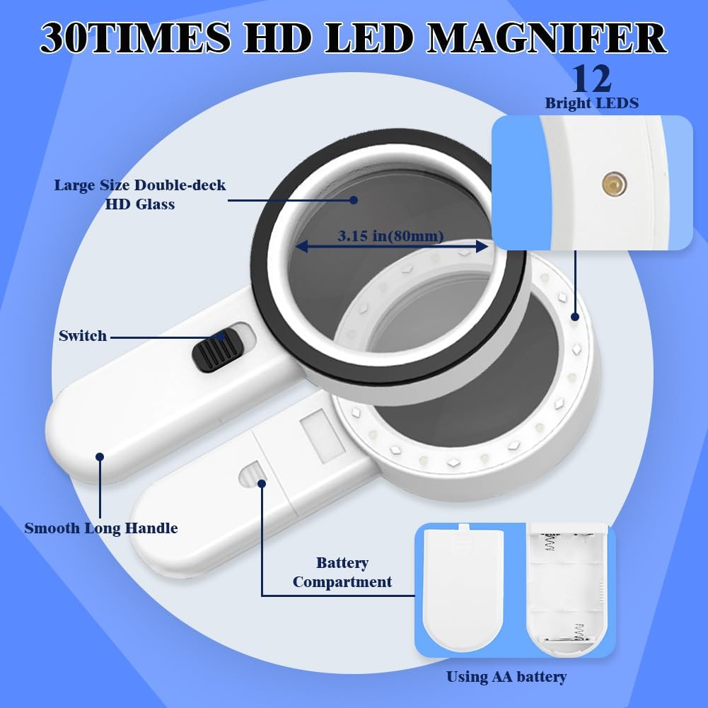 30X Magnifying Glass with Light, 12 LED Illuminated Handheld Magnifier with 8cm Double Glass Lens for Seniors Reading, Crafting, Coins, Jewelry Inspection - Image 2
