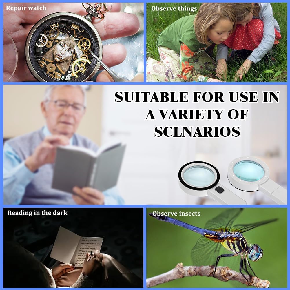 30X Magnifying Glass with Light, 12 LED Illuminated Handheld Magnifier with 8cm Double Glass Lens for Seniors Reading, Crafting, Coins, Jewelry Inspection - Image 6