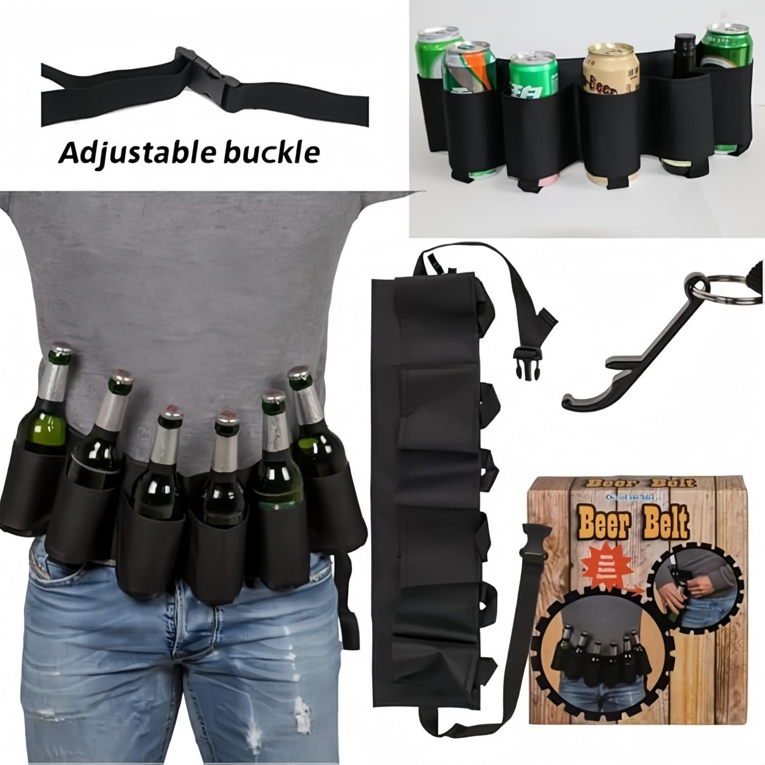 Beer Belt, Holds 6 Cans Beer Portable Bottle Waist Beer Belts for Beer Drinks Soda Can Bottles Beverage for Ouddoor Mountaineering,Camping,Hiking,Outdoor Party,Picnics etc. (Black 2pcs) - Image 7