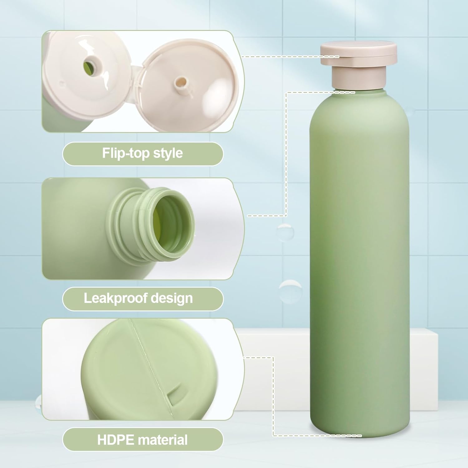3Pcs 8.8oz Flip Top Squeeze Bottles,Reusable and Refillable Leak Proof Travel Bottles,For Lotions,Facial Creams,Shampoos,Hair Conditioner (Green) - Image 3