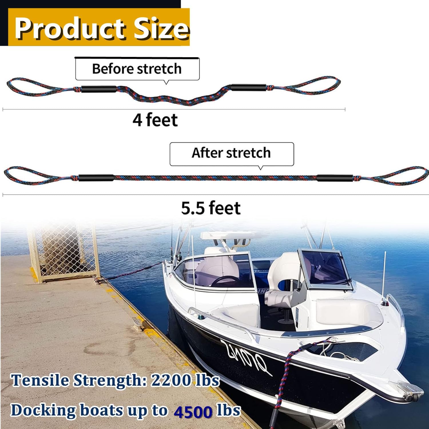 Boat Bungee Dock Lines Boat Marine Rope, Jet Ski Dock, Boating Seadoo Pontoon Waverunner Accessories (Blue, 2 Pcs with Buckles) - Image 2