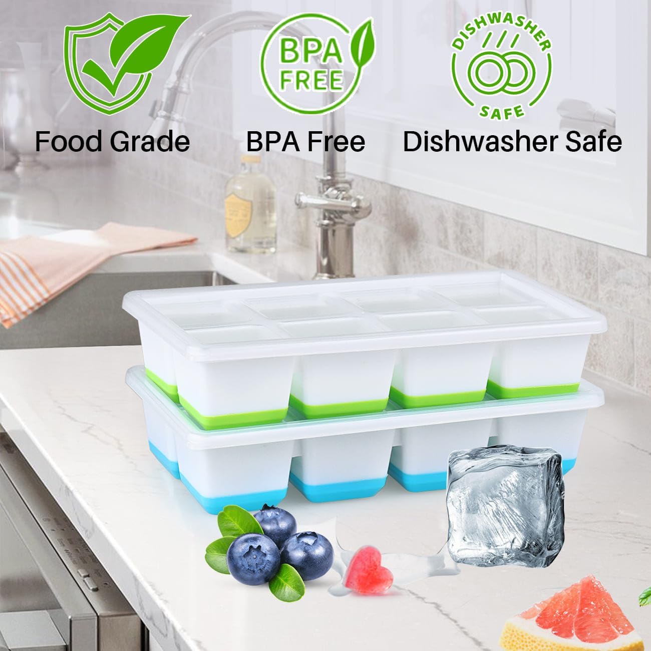 Large Ice Cube Mold with Lid,  2 Pack Silicone Big Square Ice Cube Trays with Lids BPA Free, Easy-Release & Stackable Big Ice Cube Tray for Freezer Cocktail Whiskey Coffee - Image 5