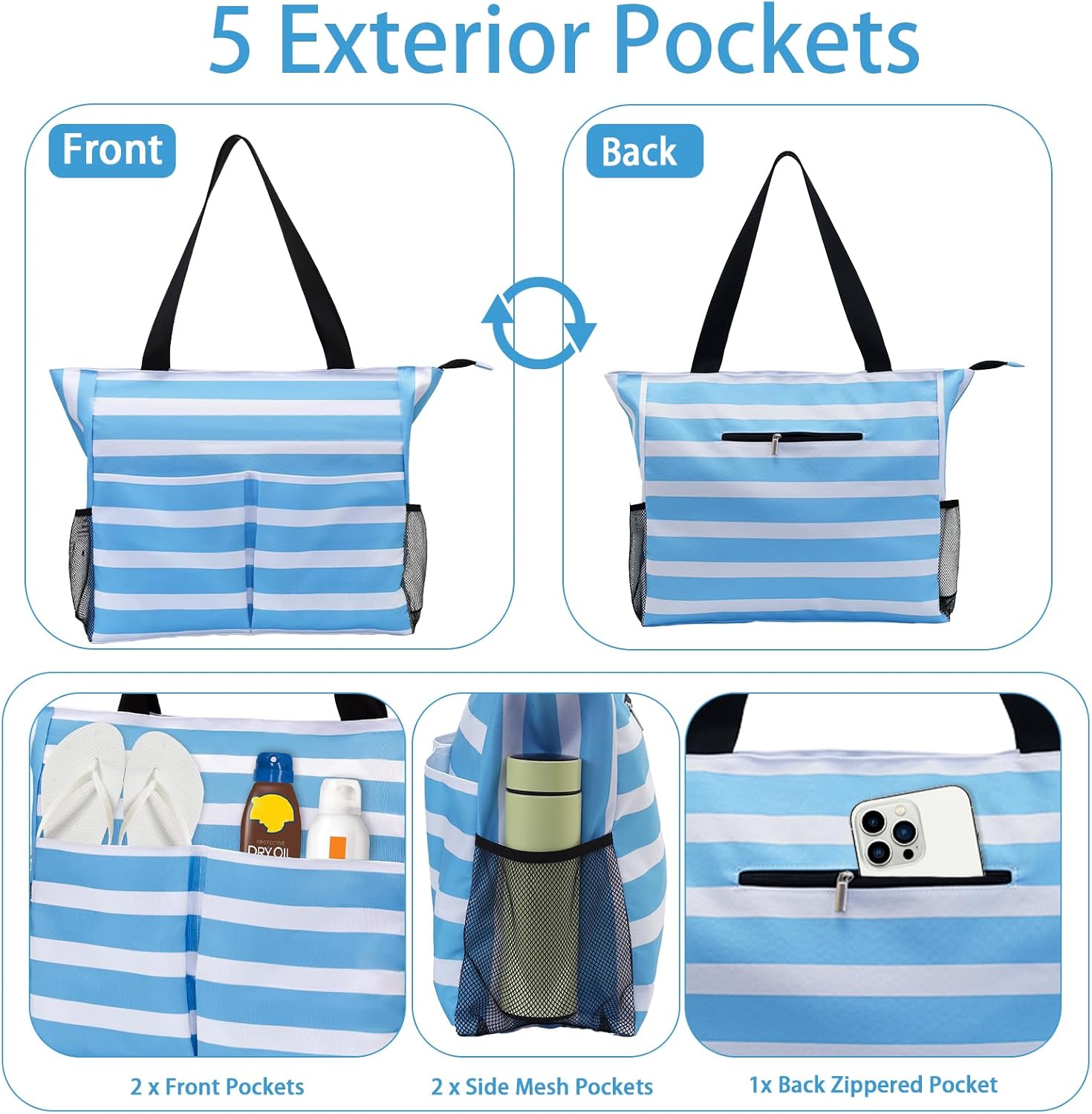 Jercery Waterproof Beach Bags for Women Vacation, Large Beach Tote Bag with Zipper for Travel, Pool, Swimming, Shopping - Image 7