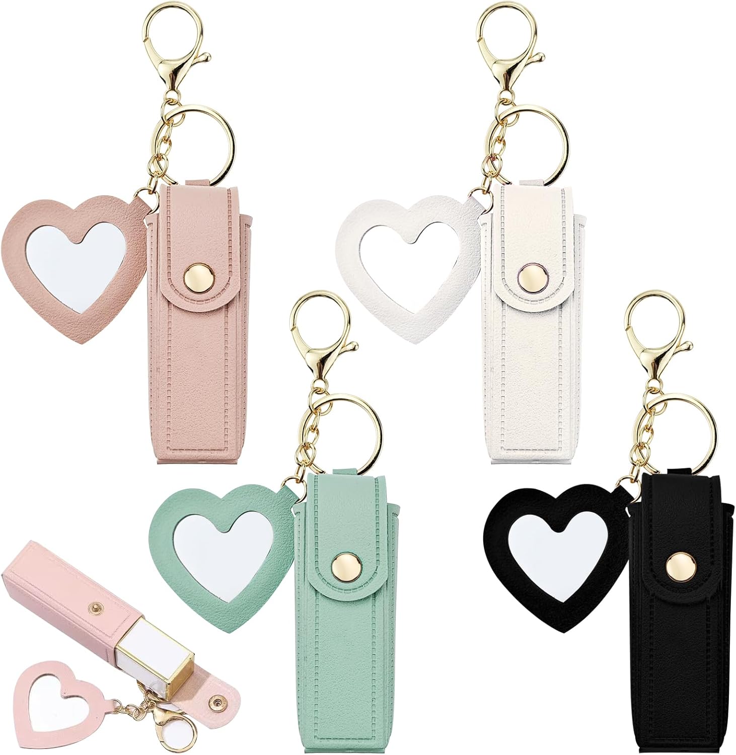 4 PACK PU Leather Potable Chapstick Holder Key Chain Bulk with Mirror, Lipstick Keychain, Lip Balm Organizer Holder Lipstick Travel Makeup Storage Case for Women Girls (Style 1) - Image 1
