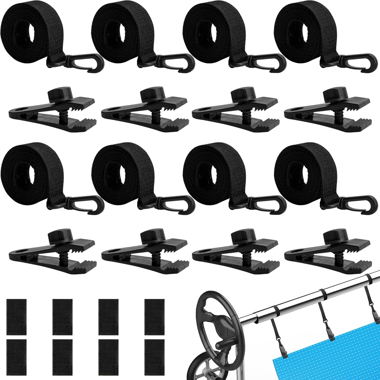 24 Pcs Pool Solar Cover Reel Attachment Kit, Inground Swimming Pool Solar Cover Straps and Clips, Solar Blanket Straps Kit Including 8 Straps with Hooks, 8 Clips and 8 Touch Fastener - Image 1