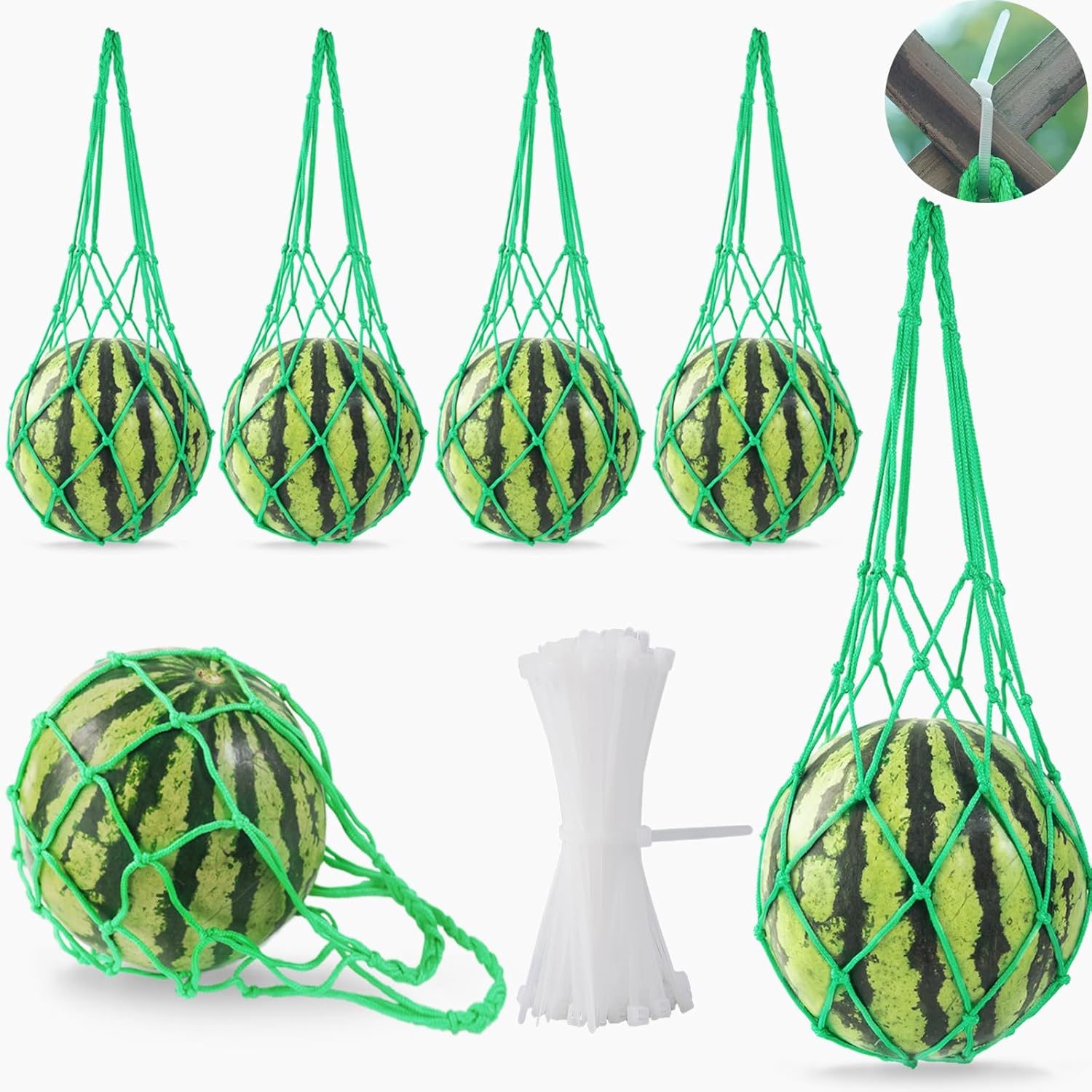 10Pack Melon Hammock Watermelon Nets with 20 Cable Zip Ties, Heavy Duty Watermelon Honeydew Net for Garden Trellis Vertical Garden Growing - Image 1