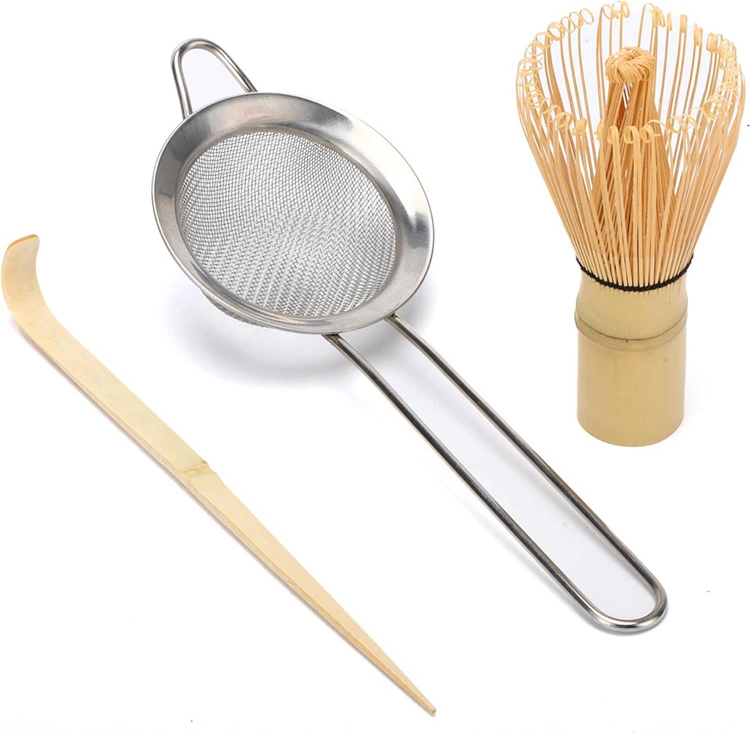 Matcha Whisk Set,Bamboo Matcha Whisk Set,Bamboo Matcha Whisk (Chasen),Traditional Scoop (Chashaku),Stainless Steel Sifter,Japanese Tea Tools for Ceremony - Image 1