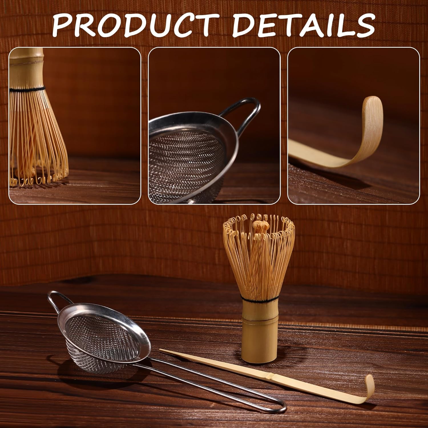 Matcha Whisk Set,Bamboo Matcha Whisk Set,Bamboo Matcha Whisk (Chasen),Traditional Scoop (Chashaku),Stainless Steel Sifter,Japanese Tea Tools for Ceremony - Image 3