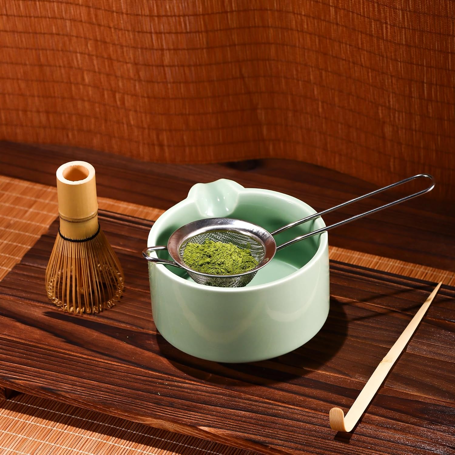 Matcha Whisk Set,Bamboo Matcha Whisk Set,Bamboo Matcha Whisk (Chasen),Traditional Scoop (Chashaku),Stainless Steel Sifter,Japanese Tea Tools for Ceremony - Image 4
