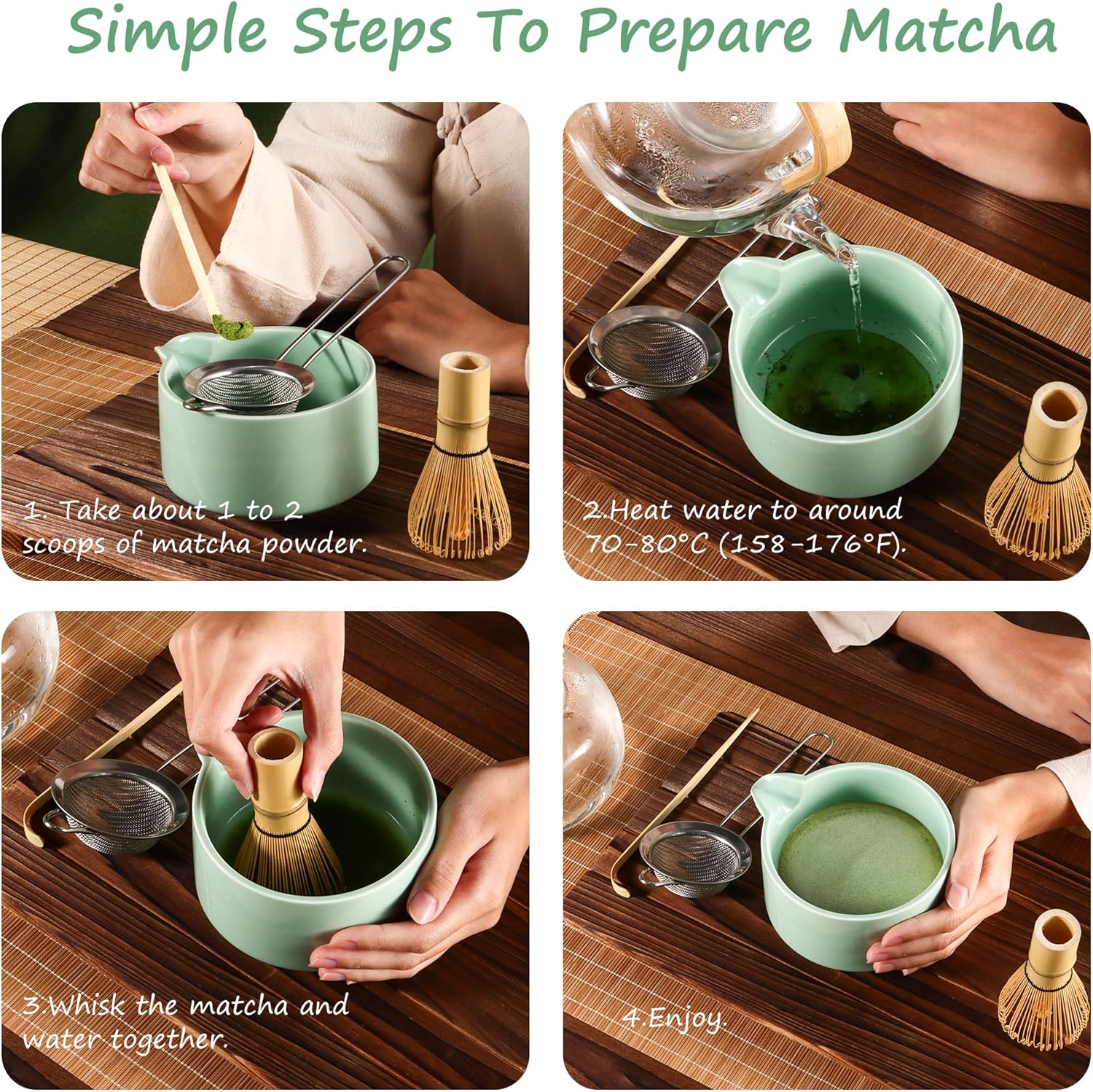 Matcha Whisk Set,Bamboo Matcha Whisk Set,Bamboo Matcha Whisk (Chasen),Traditional Scoop (Chashaku),Stainless Steel Sifter,Japanese Tea Tools for Ceremony - Image 5