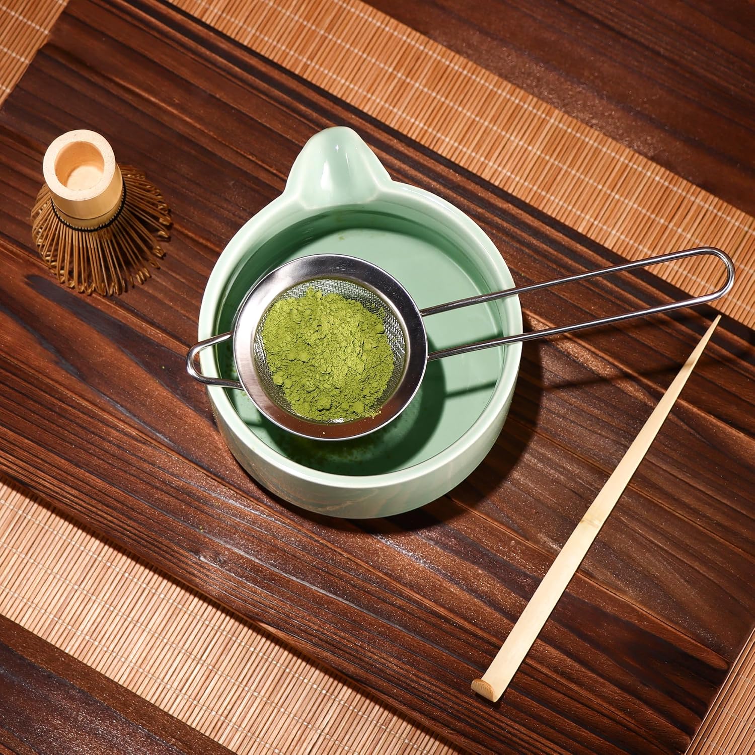 Matcha Whisk Set,Bamboo Matcha Whisk Set,Bamboo Matcha Whisk (Chasen),Traditional Scoop (Chashaku),Stainless Steel Sifter,Japanese Tea Tools for Ceremony - Image 6