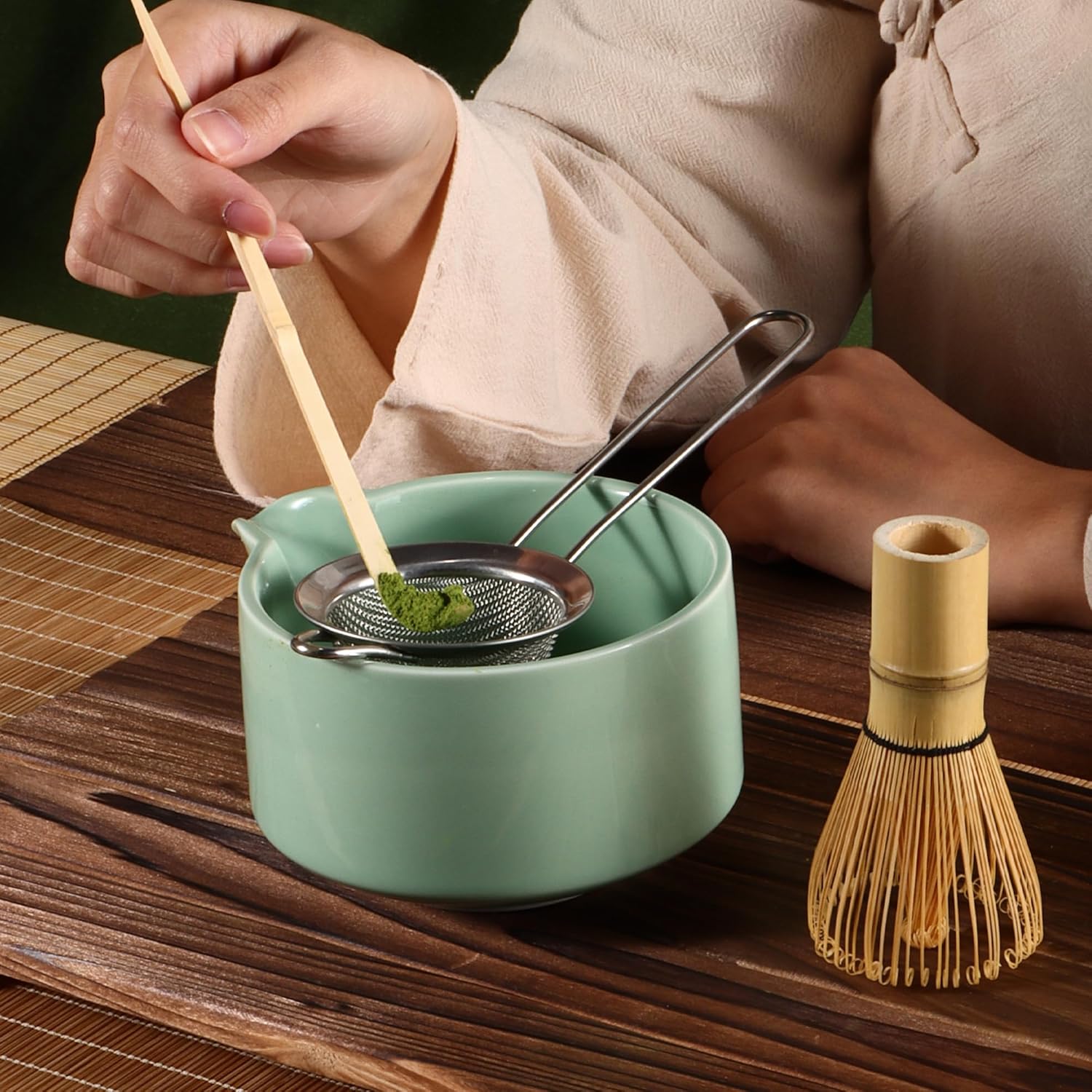 Matcha Whisk Set,Bamboo Matcha Whisk Set,Bamboo Matcha Whisk (Chasen),Traditional Scoop (Chashaku),Stainless Steel Sifter,Japanese Tea Tools for Ceremony - Image 7