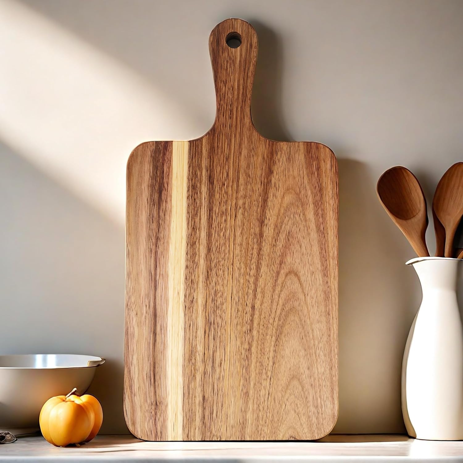 Acacia Wood Cutting Board with Handle, Wooden Cutting Boards, Chopping Board, Charcuterie Board, Serving Board for Cheese, Bread, Pizza, Vegetables & Fruits (1, 13.8''L x 7''W) - Image 1