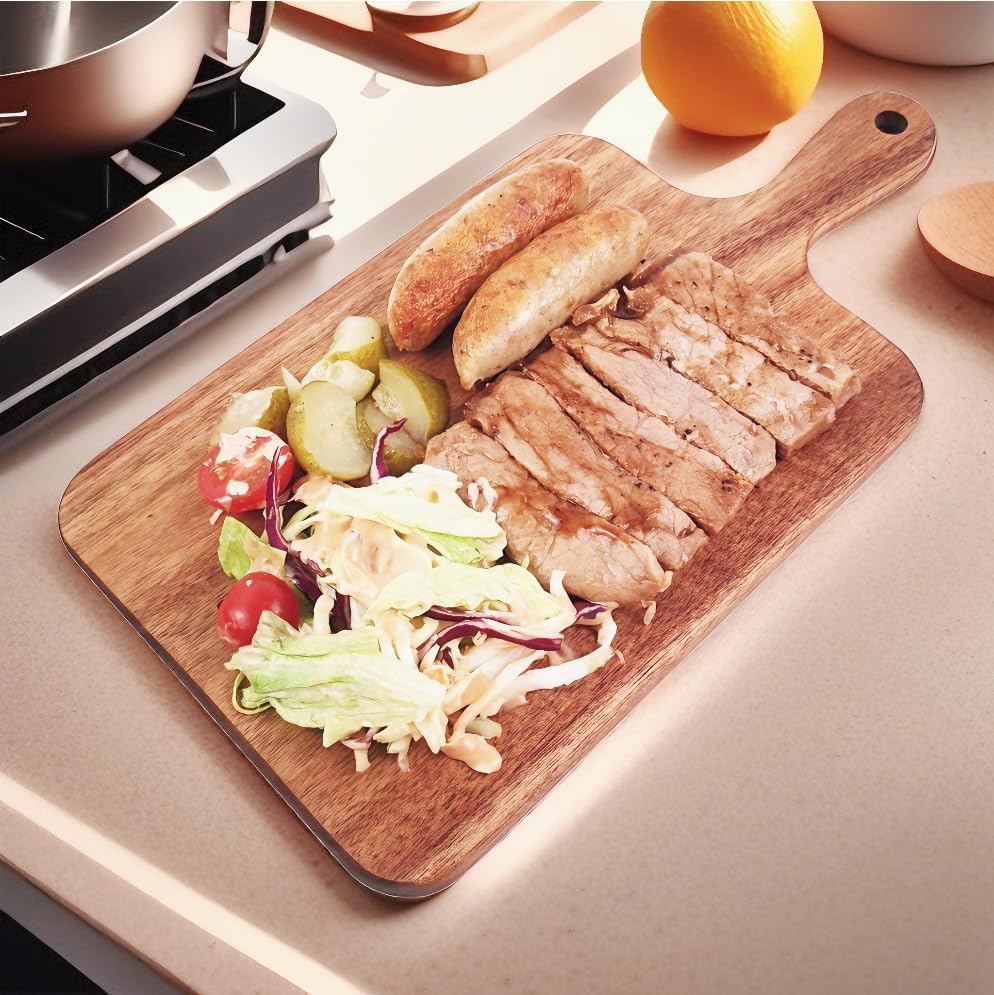 Acacia Wood Cutting Board with Handle, Wooden Cutting Boards, Chopping Board, Charcuterie Board, Serving Board for Cheese, Bread, Pizza, Vegetables & Fruits (1, 13.8''L x 7''W) - Image 4