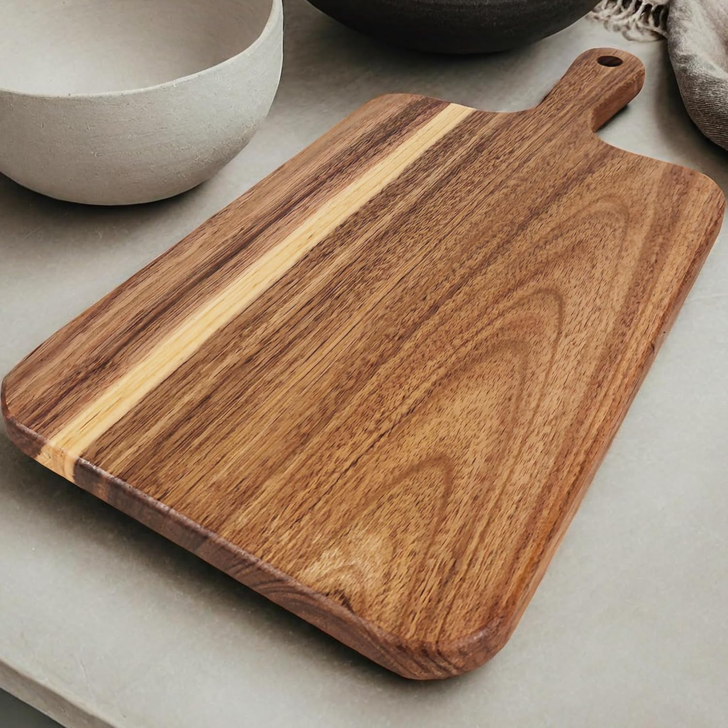 Acacia Wood Cutting Board with Handle, Wooden Cutting Boards, Chopping Board, Charcuterie Board, Serving Board for Cheese, Bread, Pizza, Vegetables & Fruits (1, 13.8''L x 7''W) - Image 6
