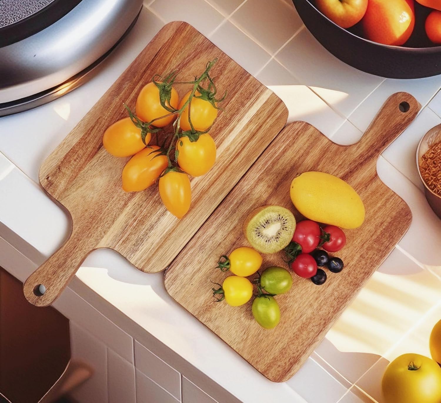 Acacia Wood Cutting Board with Handle, Wooden Cutting Boards, Chopping Board, Charcuterie Board, Serving Board for Cheese, Bread, Pizza, Vegetables & Fruits (1, 13.8''L x 7''W) - Image 7