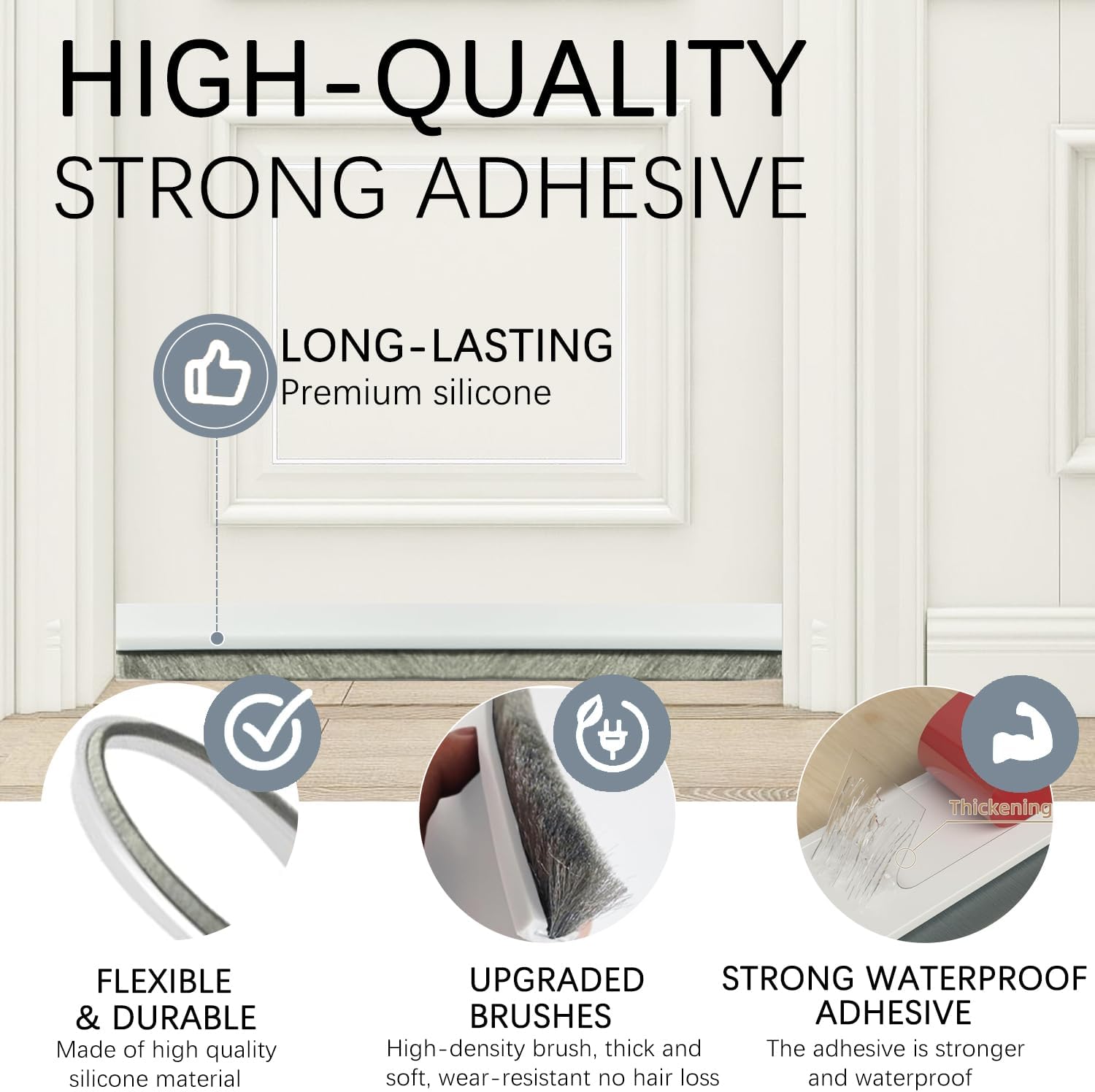 2 Pack Under Door Draft Stoppers with Brush Reduce Noise, Door Soundproofing Strip, Dust-Proof/Weather Stripping with Self Adhesive, Under Door Deal - White - Image 4