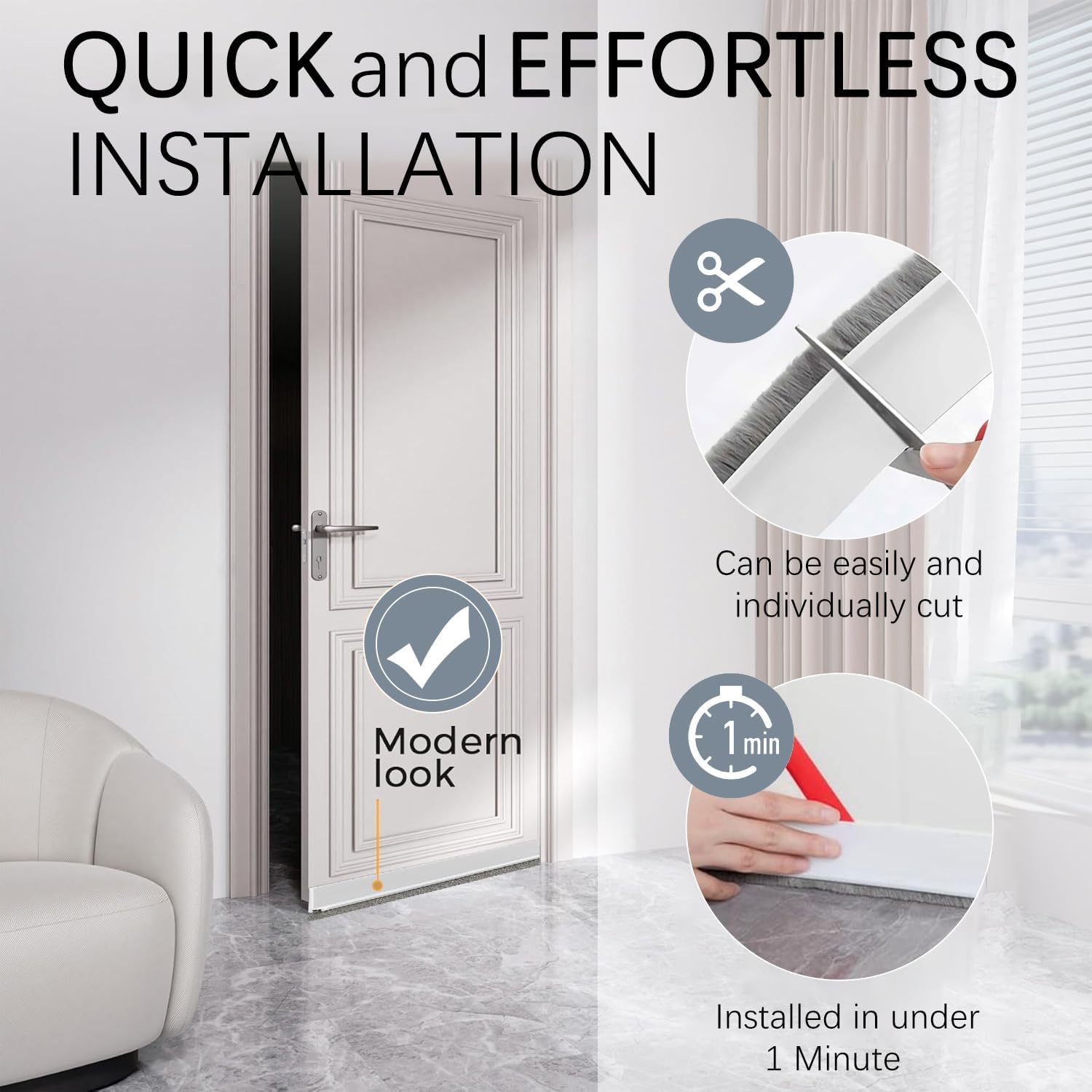 2 Pack Under Door Draft Stoppers with Brush Reduce Noise, Door Soundproofing Strip, Dust-Proof/Weather Stripping with Self Adhesive, Under Door Deal - White - Image 5