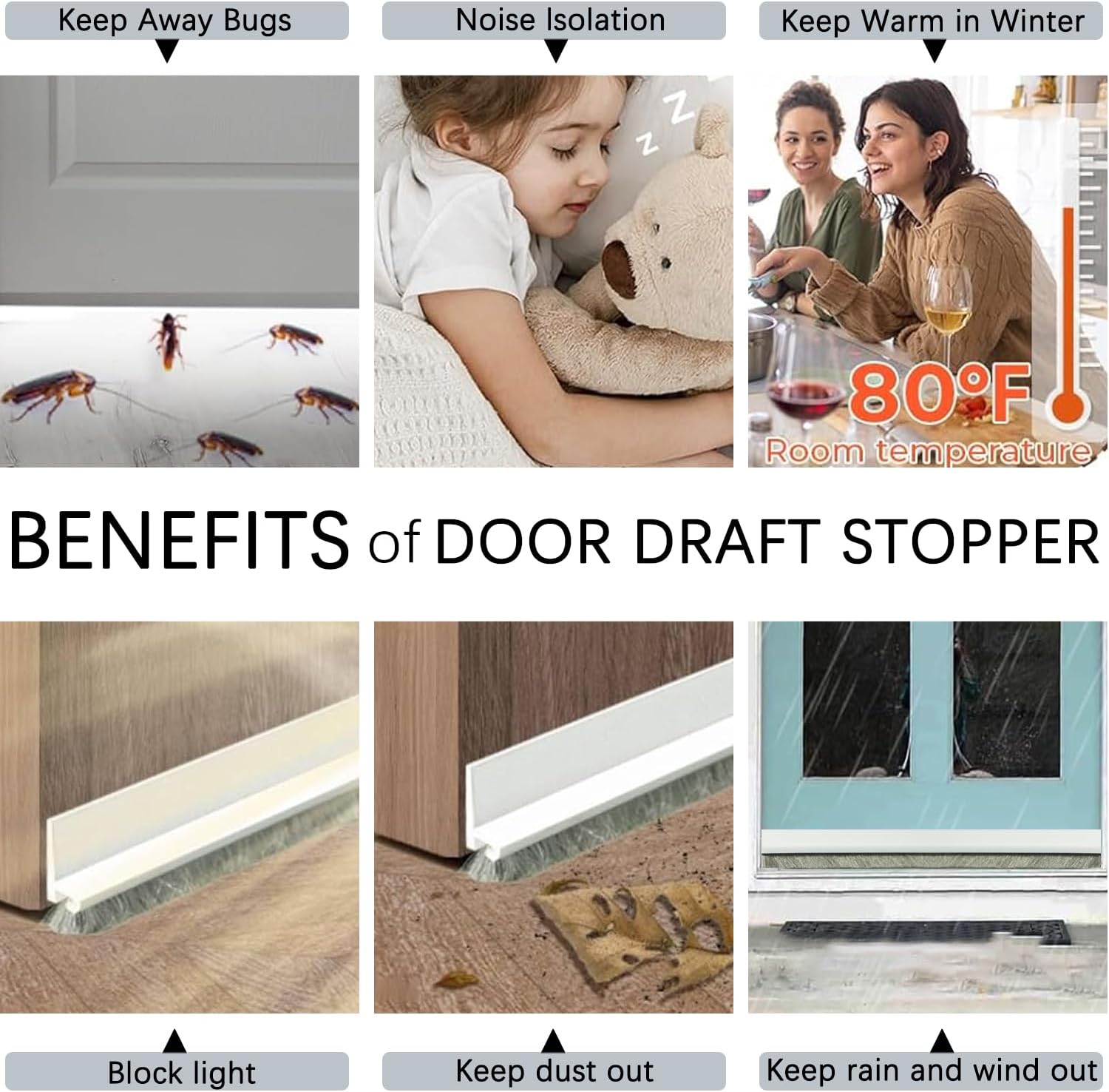 2 Pack Under Door Draft Stoppers with Brush Reduce Noise, Door Soundproofing Strip, Dust-Proof/Weather Stripping with Self Adhesive, Under Door Deal - White - Image 7