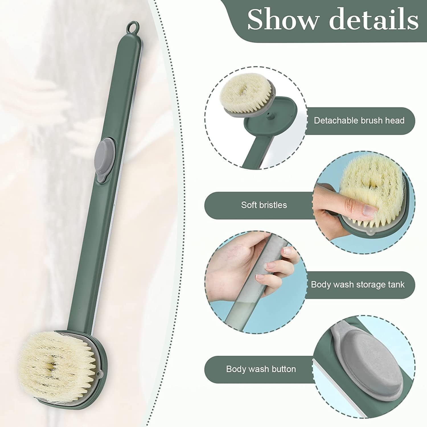Long Handle Bath Massage Cleaning Brush with Soap Dispenser for Men Women Elderly Body Back Scrubber Storable Wash, Dispenser, (14 inch / 36 cm,Green） - Image 2