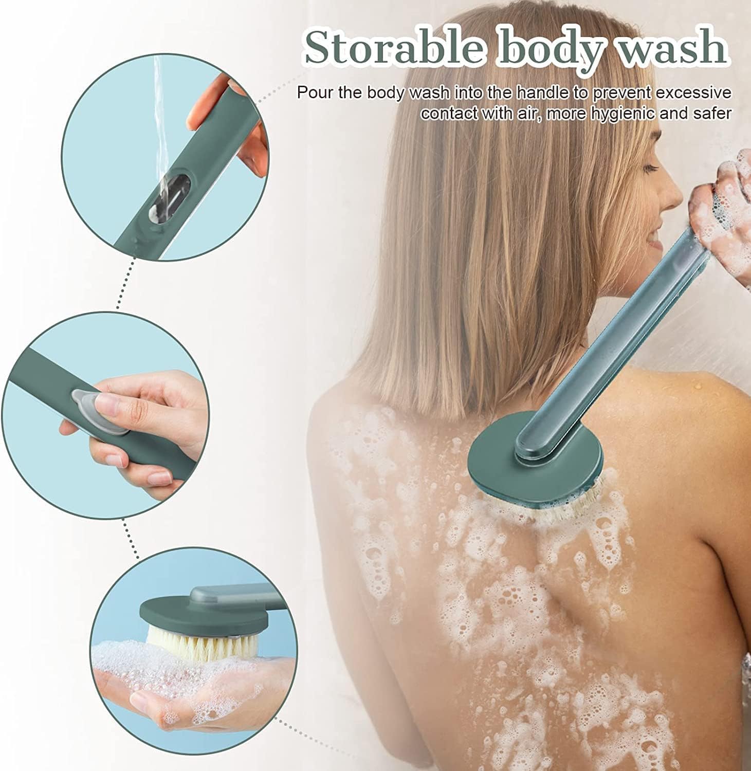 Long Handle Bath Massage Cleaning Brush with Soap Dispenser for Men Women Elderly Body Back Scrubber Storable Wash, Dispenser, (14 inch / 36 cm,Green） - Image 5
