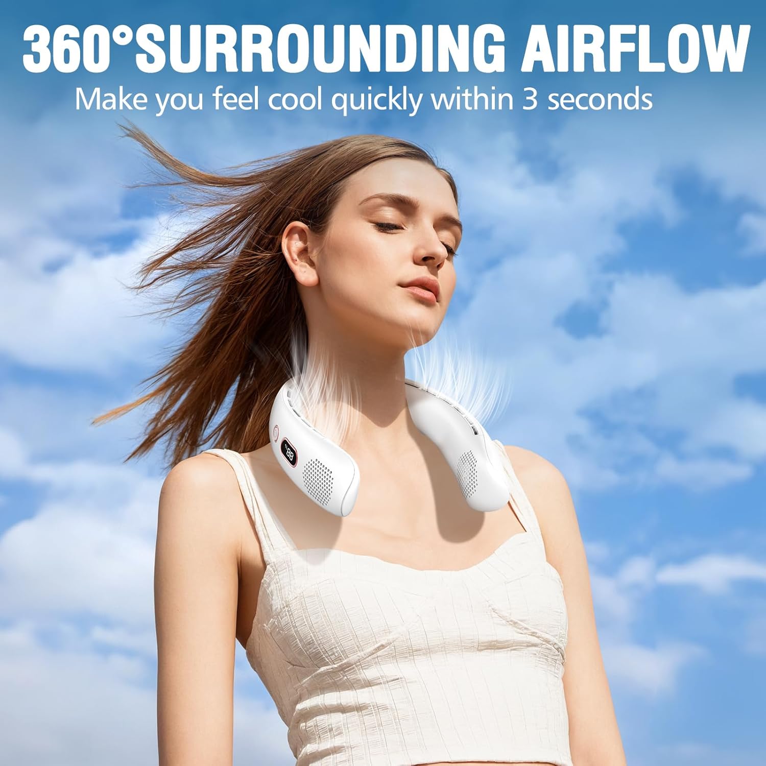 Portable Neck Fan, Hands Free Bladeless Neck Fan Rechargeable 3 Speeds & LCD Display, Battery Operated Wearable Personal Fan, 360° Cooling Hanging Neck Fan for Outdoor Indoor Travel Sport (White) - Image 4