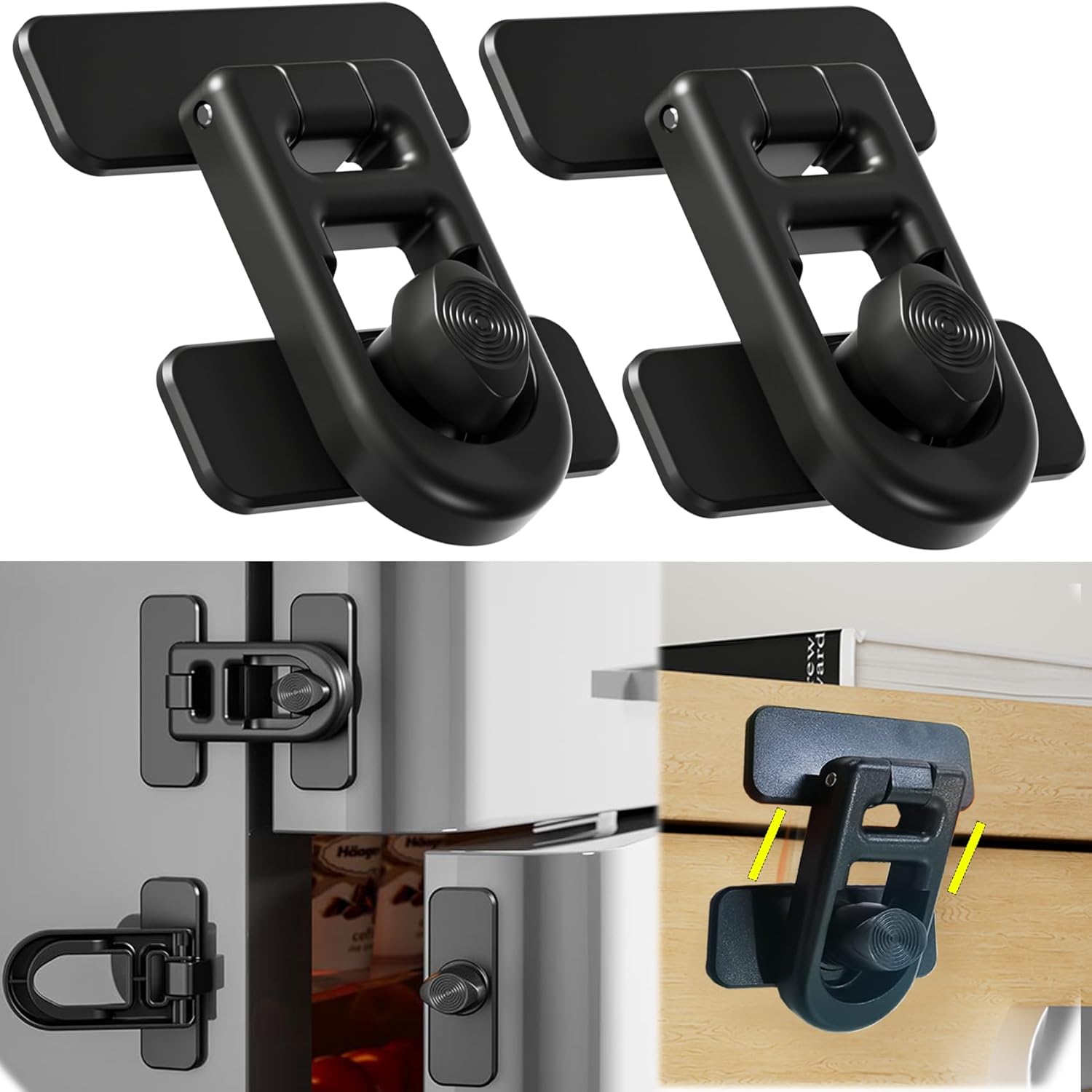 2-Pack Refrigerator Lock Baby Proofing for Cabinet Door Drawer Freezer RV Oven Cupboard Closet Kitchen, 90 Degree Fridge Latches Petproof Childproof for Toddler Cat, Strong Adhesive No Drill - Image 1