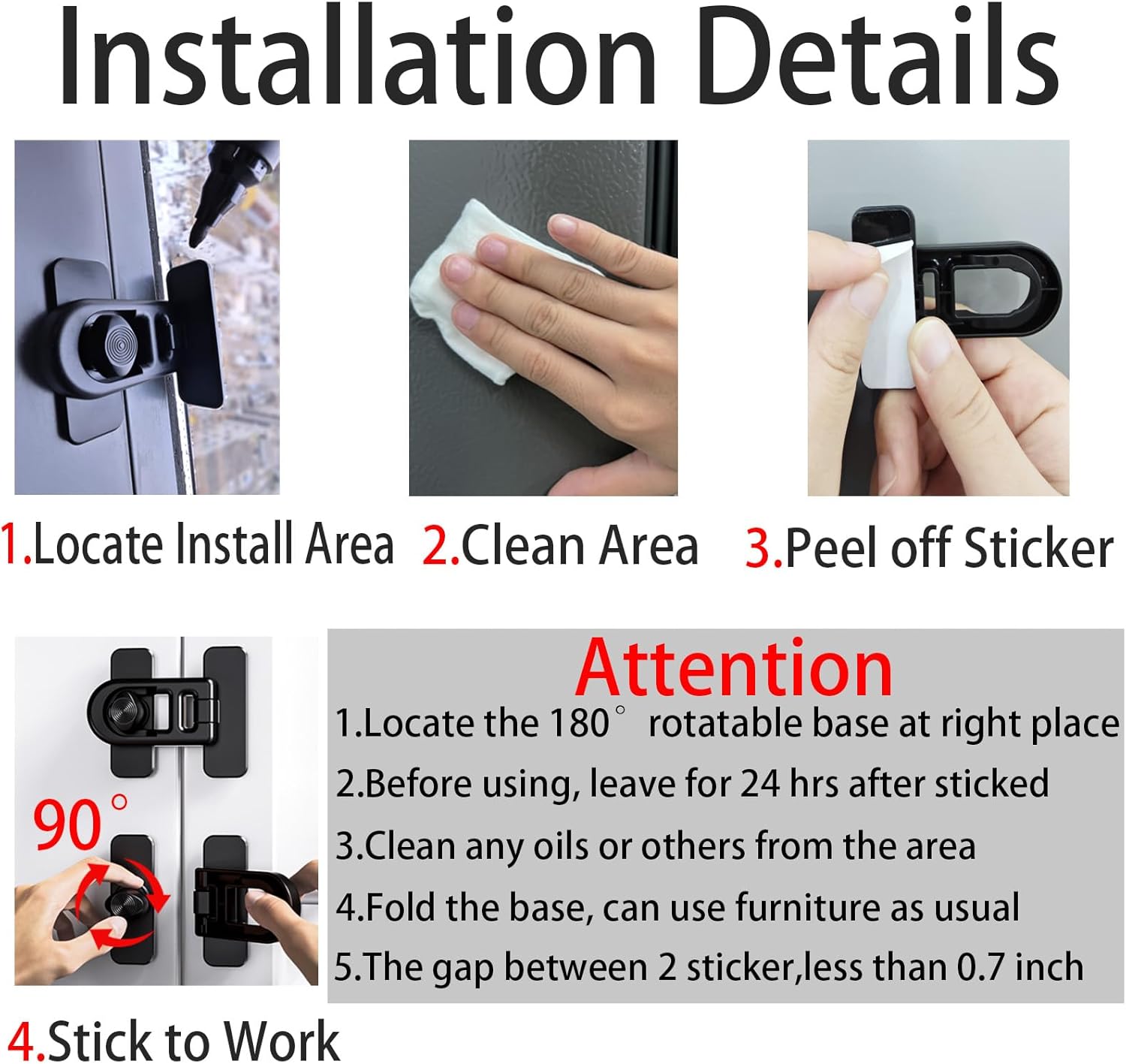 2-Pack Refrigerator Lock Baby Proofing for Cabinet Door Drawer Freezer RV Oven Cupboard Closet Kitchen, 90 Degree Fridge Latches Petproof Childproof for Toddler Cat, Strong Adhesive No Drill - Image 4