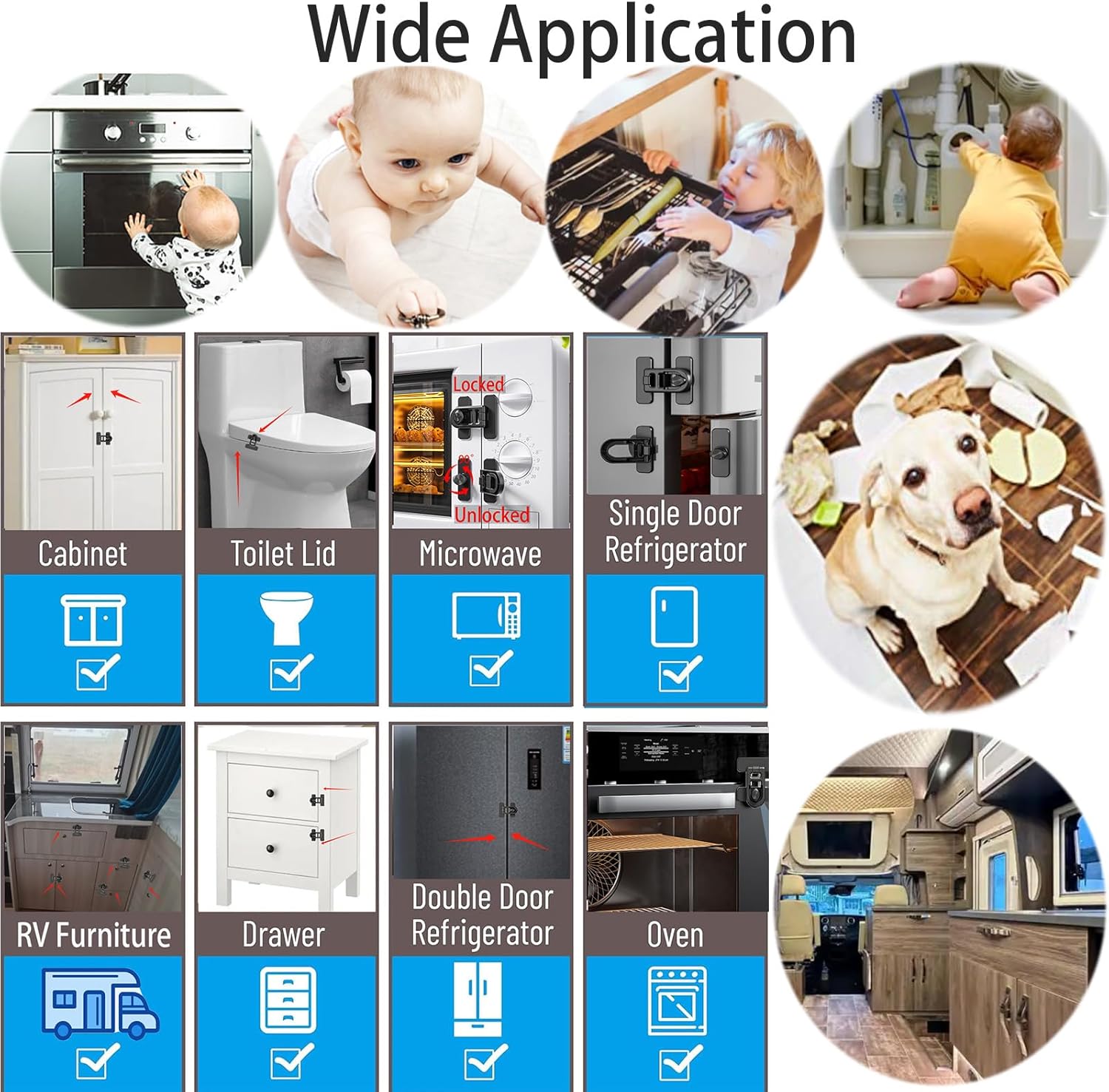 2-Pack Refrigerator Lock Baby Proofing for Cabinet Door Drawer Freezer RV Oven Cupboard Closet Kitchen, 90 Degree Fridge Latches Petproof Childproof for Toddler Cat, Strong Adhesive No Drill - Image 5