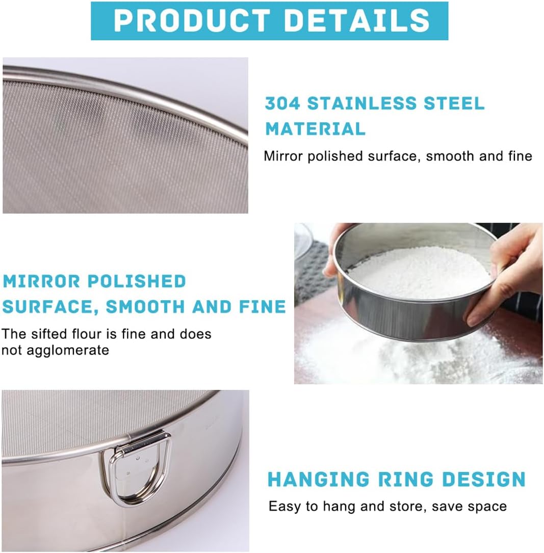 Flour Sieve Fine Mesh Stainless Steel Round Sifter 6 Inch 60 Mesh Sieves Strainer for Baking Straining Powdering - Image 3