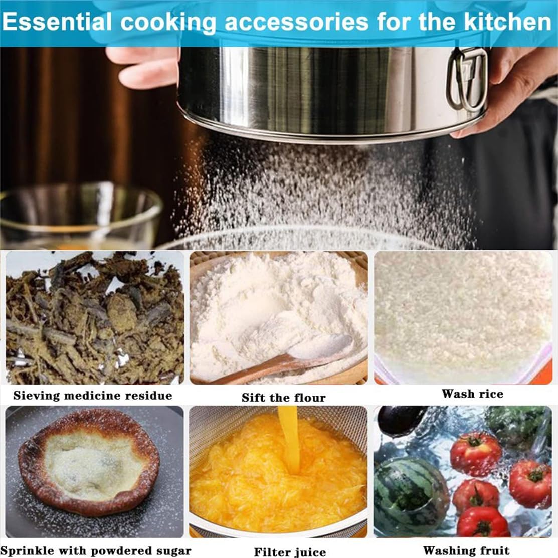 Flour Sieve Fine Mesh Stainless Steel Round Sifter 6 Inch 60 Mesh Sieves Strainer for Baking Straining Powdering - Image 7
