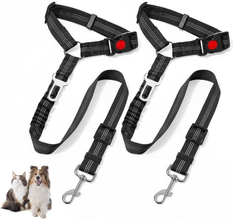 Dog Seat Belts for Car, 2 Pcs Dog Tether with Elastic Bungee Buffer, Adjustable Dog Car Seatbelts and Strong Leash Leads Accessories for Dogs Cats Pets, Black - Image 1