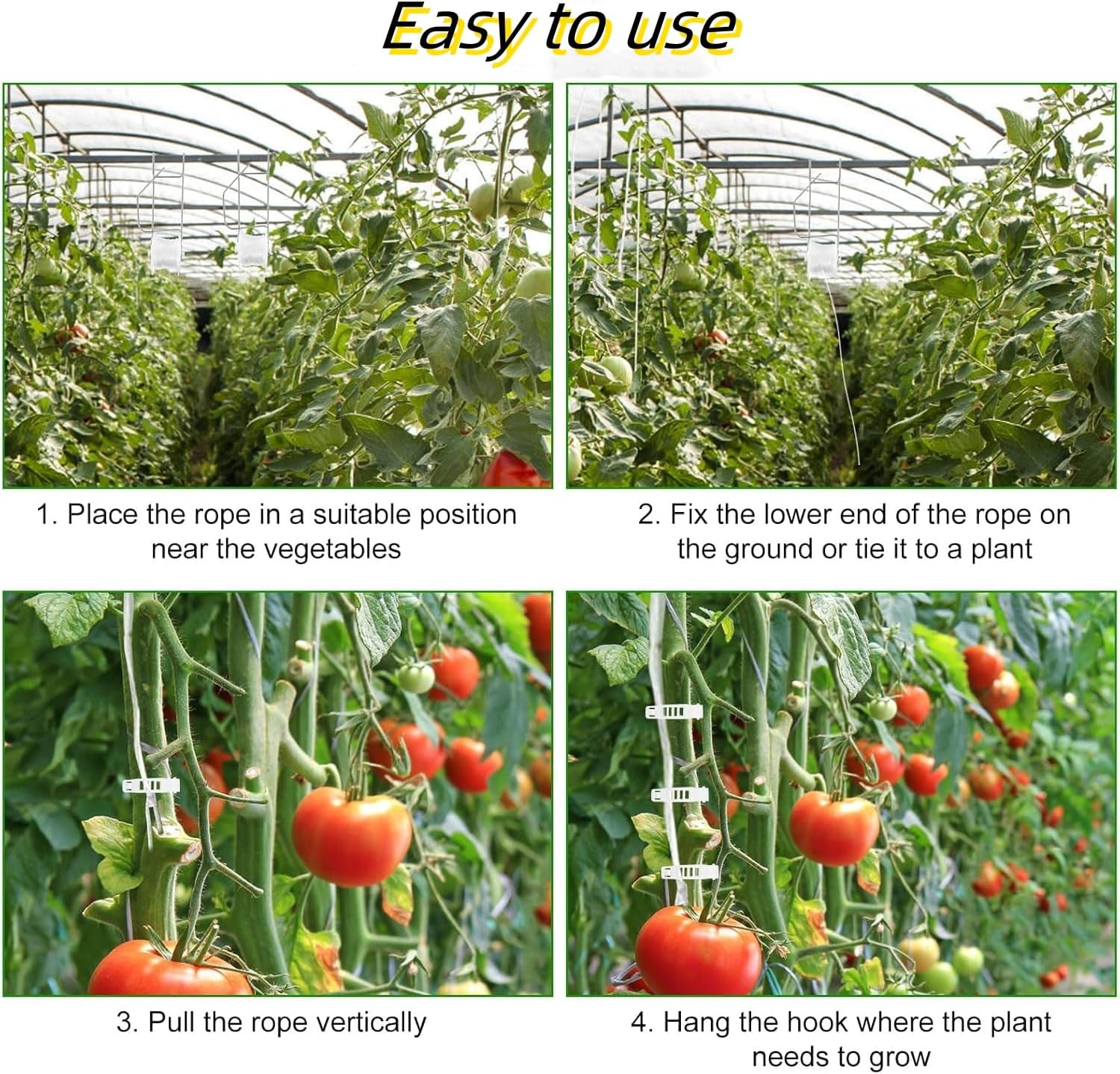 10 PCS Tomato Roller Hooks with String & 40 Clips, 49.2FT Twine Tomato Trellis Kit - Climbing Support for Tomato, Flower Vine, Greenhouse, Home Gardening (10 PCS) - Image 5
