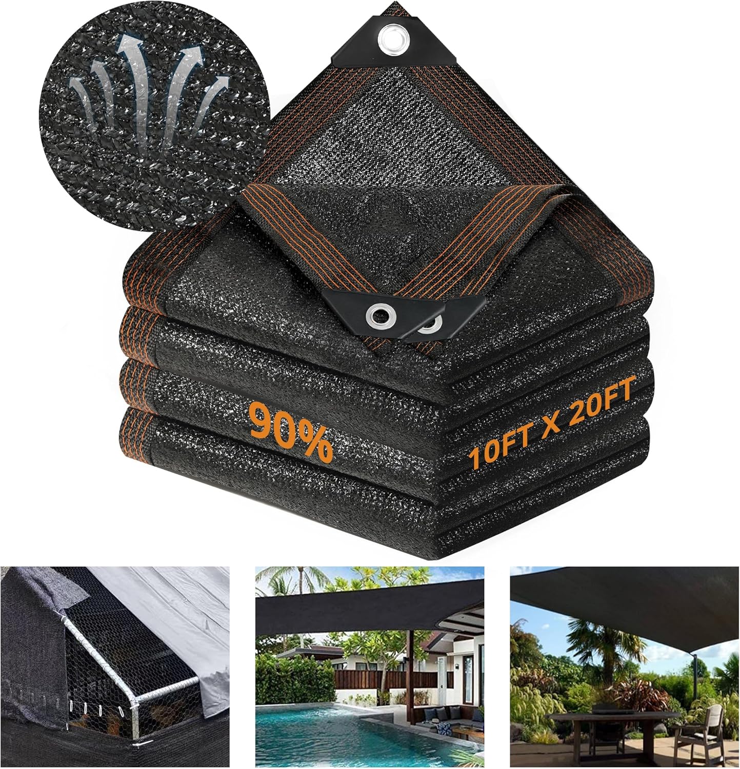 Garden 90% Shade Mesh Cloth,  10 x 20FT Sun Shade Net,Resistant Mesh Sun Shade Reinforced Grommets Shade Trap for Greenhouse,Plant,and Backyard Patio Sunshade,Pergola(Black-3x6m) - Image 1