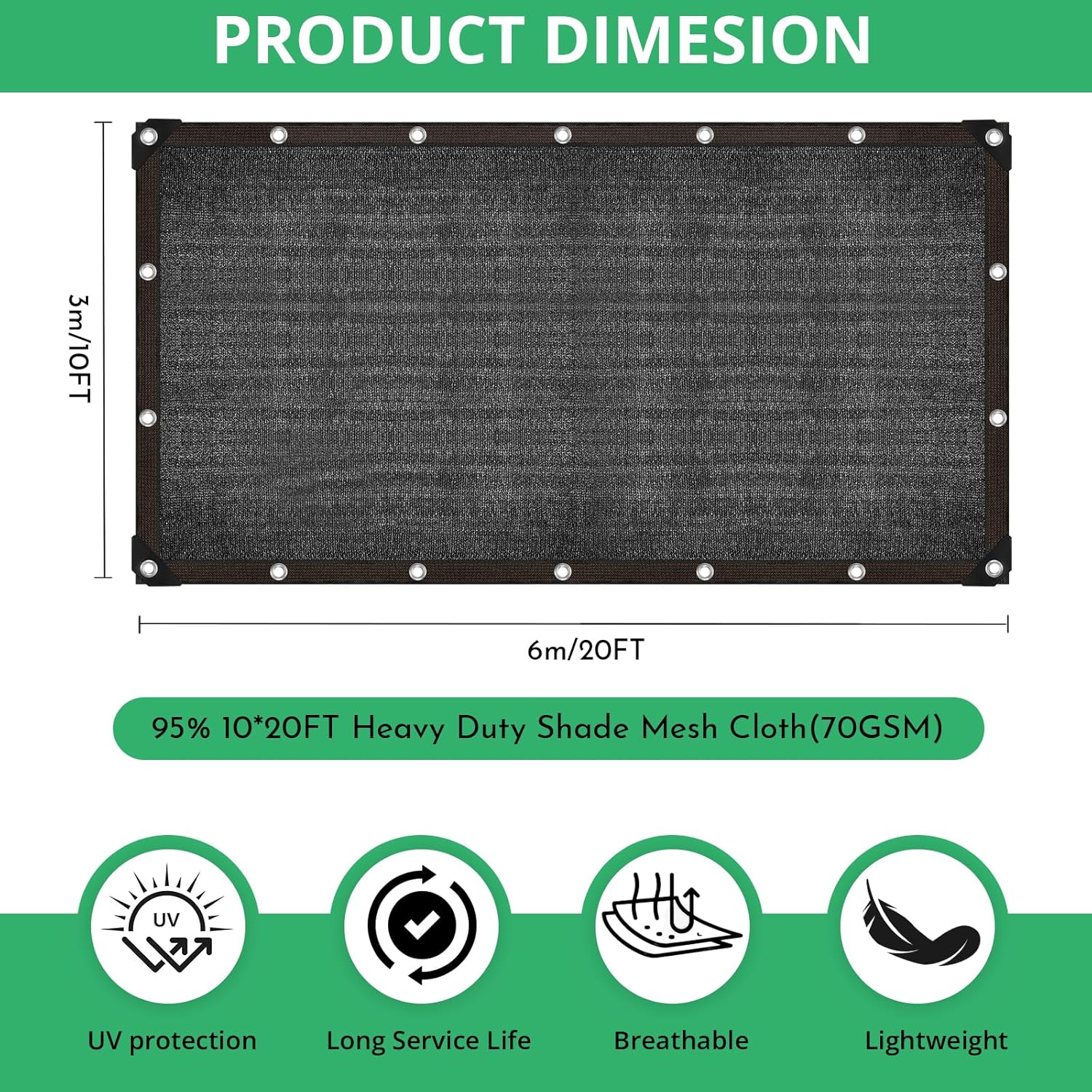 Garden 90% Shade Mesh Cloth,  10 x 20FT Sun Shade Net,Resistant Mesh Sun Shade Reinforced Grommets Shade Trap for Greenhouse,Plant,and Backyard Patio Sunshade,Pergola(Black-3x6m) - Image 2