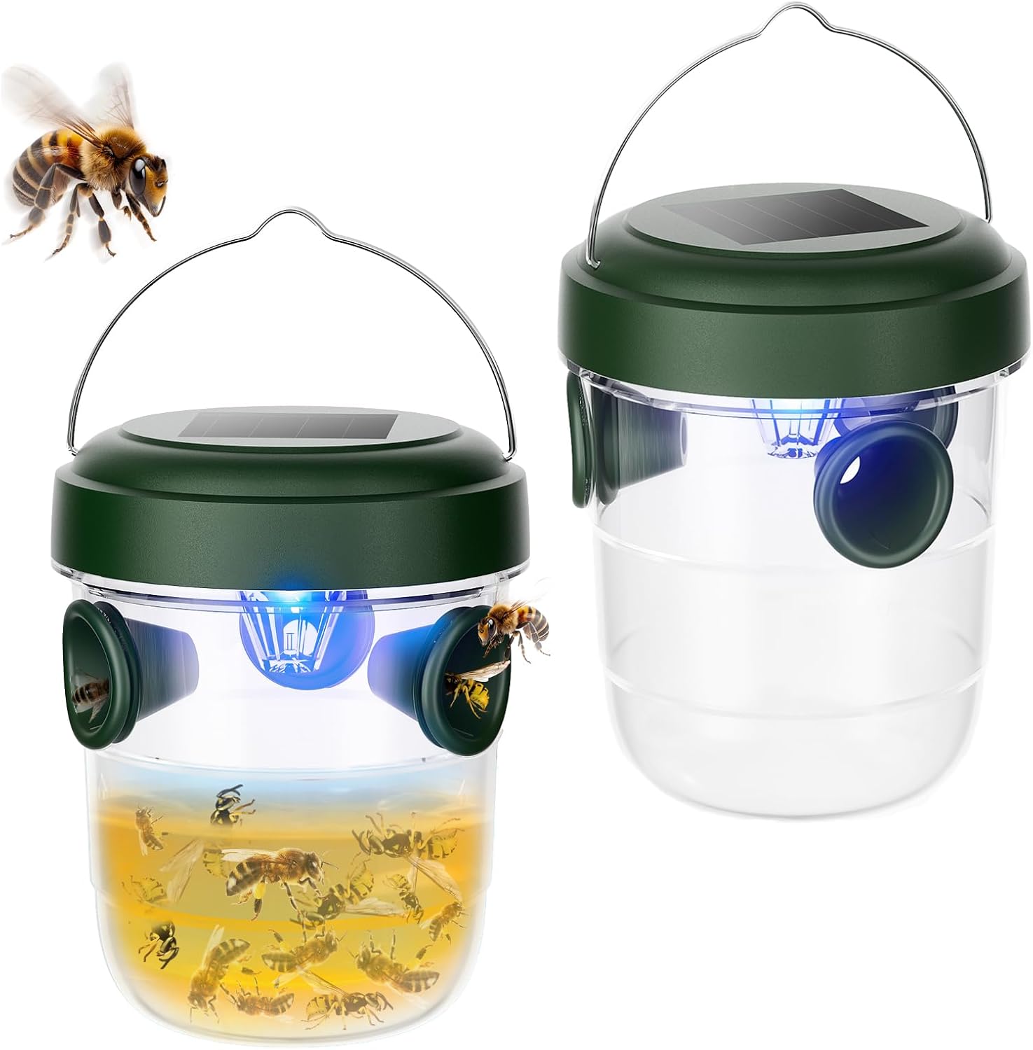 Wasp Traps Outdoor Hanging 2 Packs, Solar Powered Carpenter Bee Trap Yellow Jacket Hornet Catcher with LED Light, Reusable Wasp Deterrent Outdoor for Garden, Patio, Backyard, Camping - Image 1
