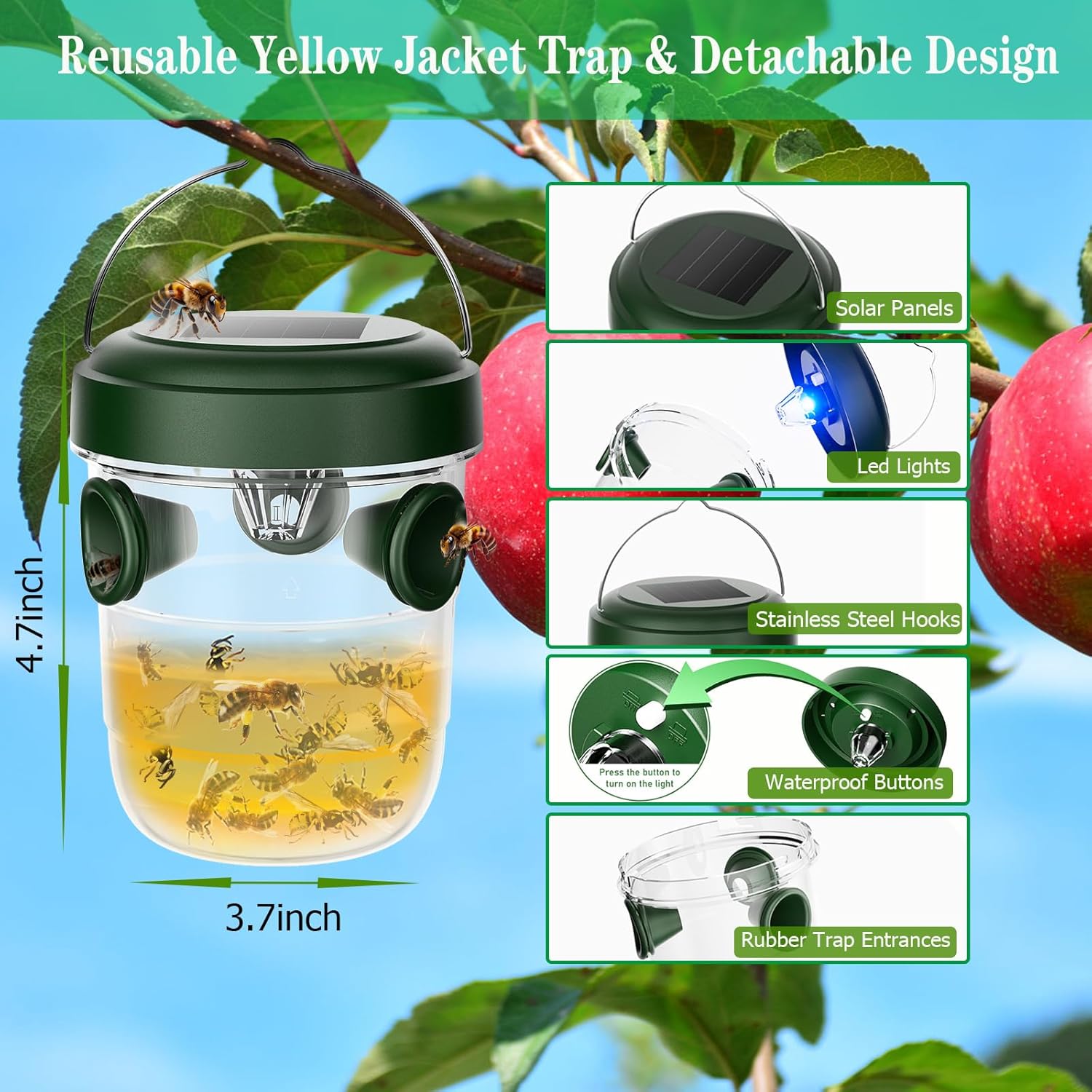 Wasp Traps Outdoor Hanging 2 Packs, Solar Powered Carpenter Bee Trap Yellow Jacket Hornet Catcher with LED Light, Reusable Wasp Deterrent Outdoor for Garden, Patio, Backyard, Camping - Image 8