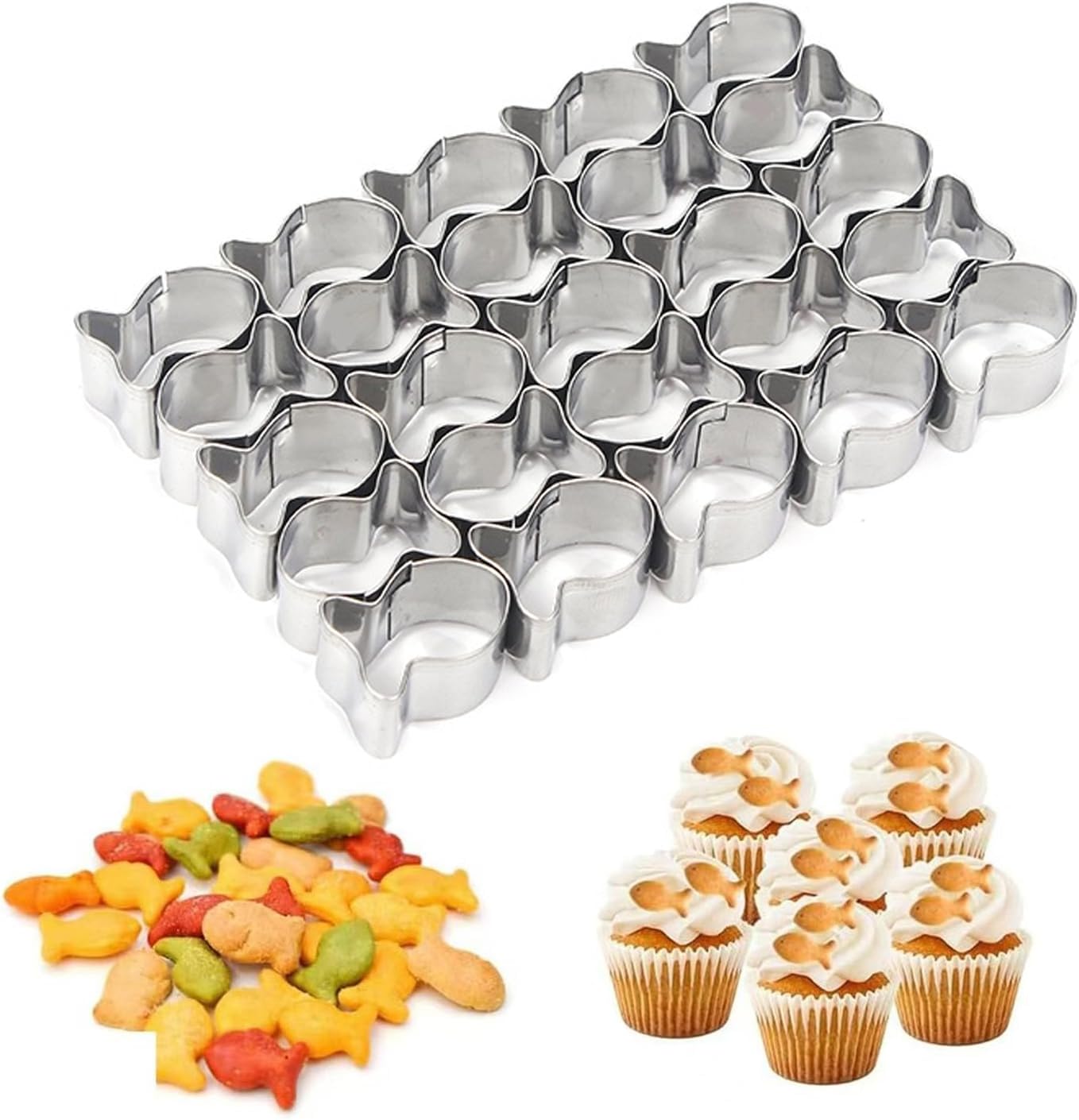 Gold Fish Cracker Cutter, 25 Cavity Mini Fish Cookie Cutter with Cleaning Brush Stainless Steel Fish Shaped Cutter Molds for Kids DIY and Baking. - Image 1