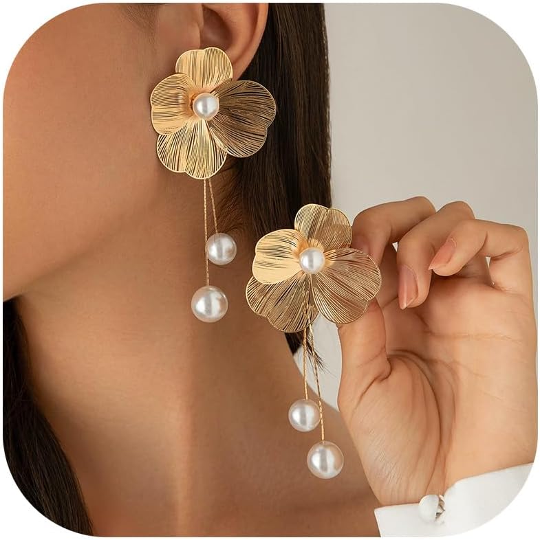 Gold Flower Earrings for Women Big Statement Flower Earrings 3D Floral Earrings Prom Wedding Jewelry - Image 1