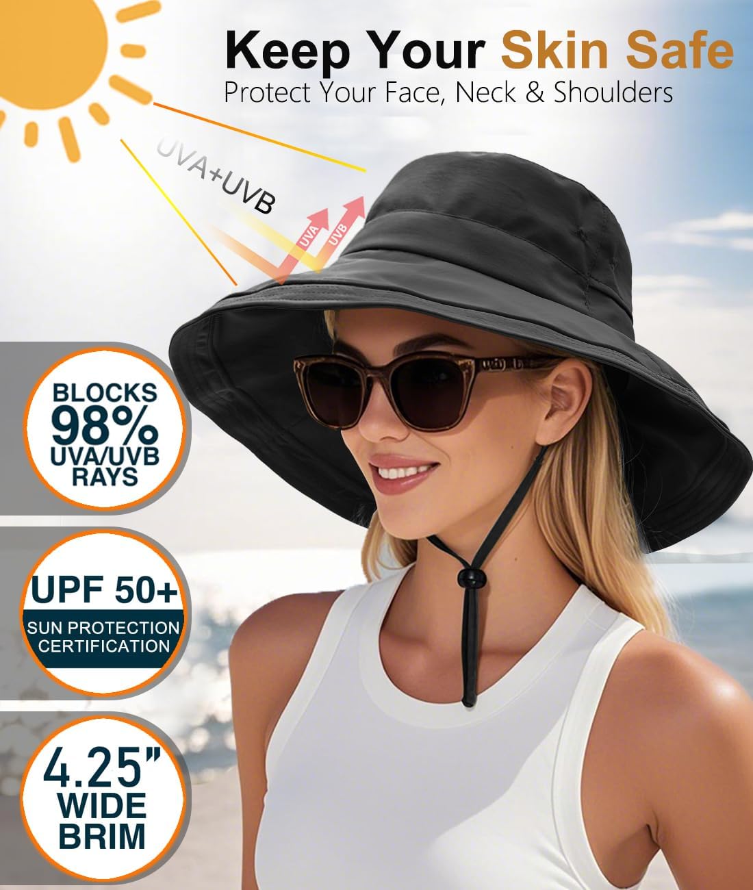 Sun Hats for Women, Wide Brim Waterproof Bucket Hat, Summer Beach Packable Ponytail Hat,UPF 50+ UV Protection - Image 2
