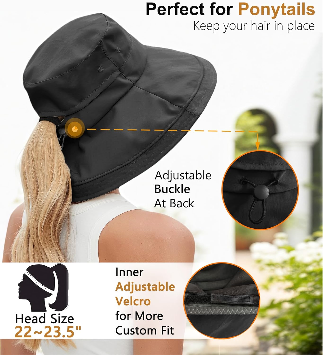 Sun Hats for Women, Wide Brim Waterproof Bucket Hat, Summer Beach Packable Ponytail Hat,UPF 50+ UV Protection - Image 3