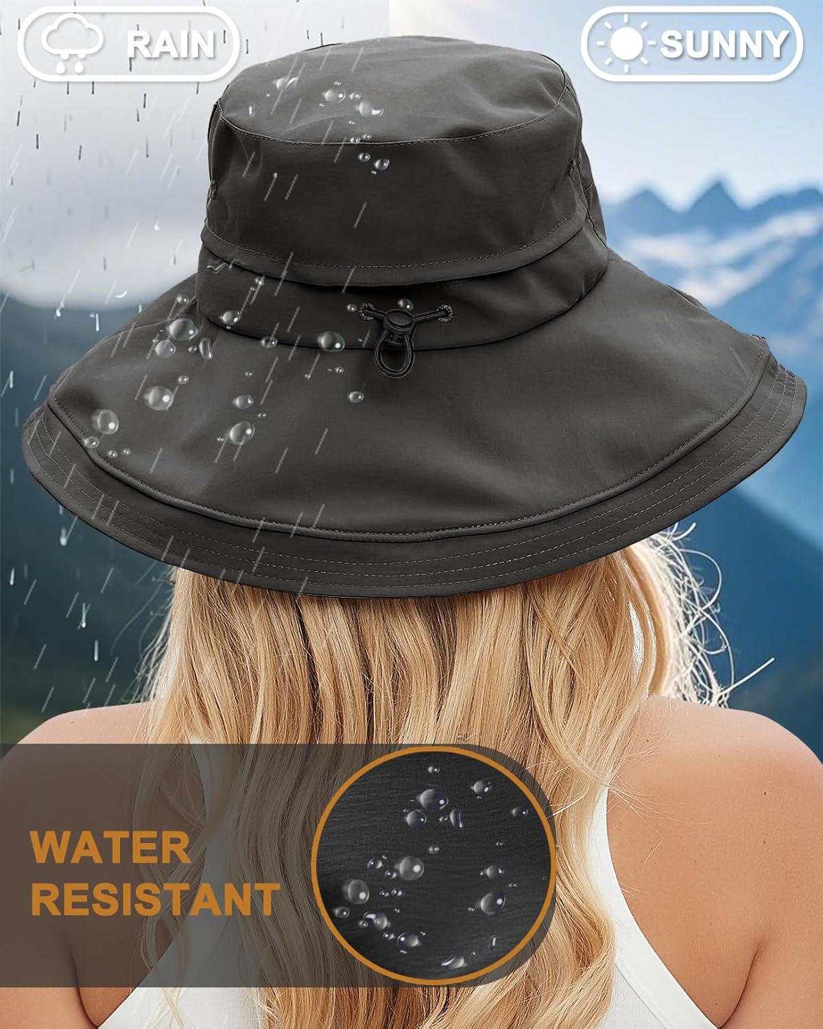 Sun Hats for Women, Wide Brim Waterproof Bucket Hat, Summer Beach Packable Ponytail Hat,UPF 50+ UV Protection - Image 4