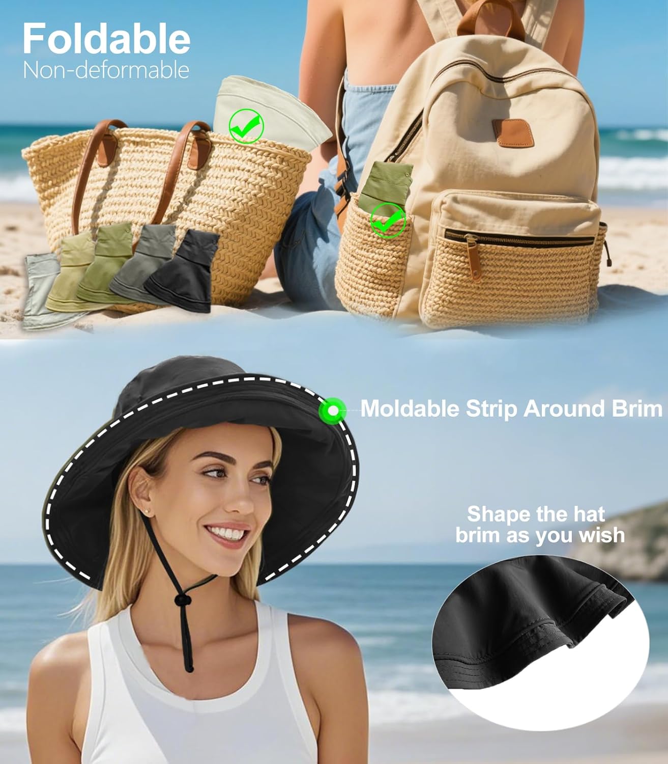 Sun Hats for Women, Wide Brim Waterproof Bucket Hat, Summer Beach Packable Ponytail Hat,UPF 50+ UV Protection - Image 5