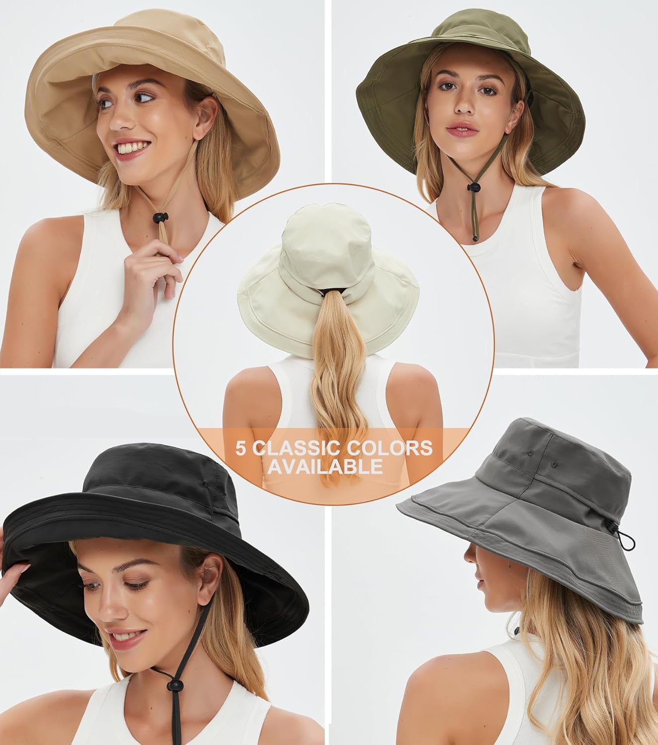 Sun Hats for Women, Wide Brim Waterproof Bucket Hat, Summer Beach Packable Ponytail Hat,UPF 50+ UV Protection - Image 7