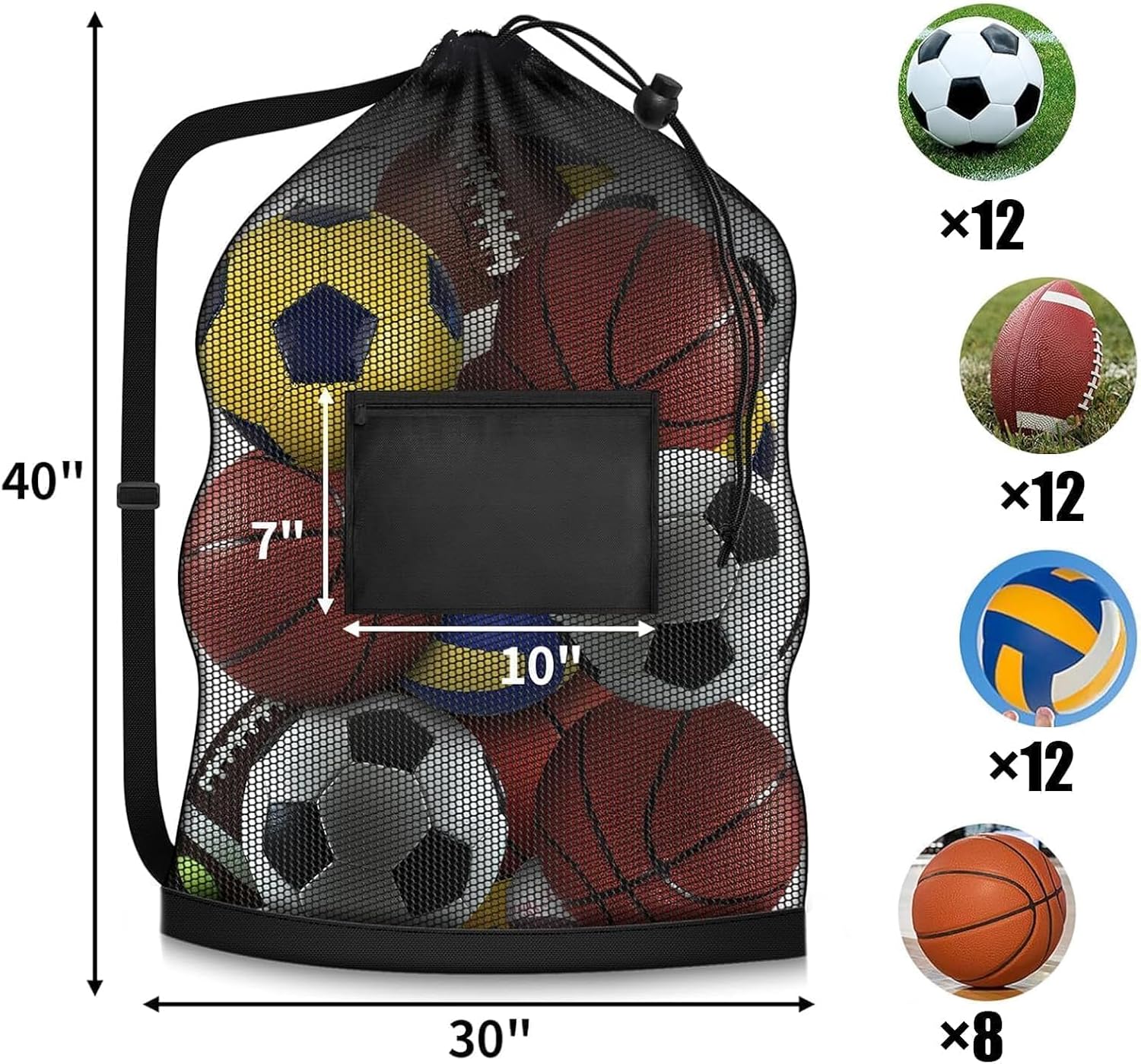 40 * 28 in Extra Large Sports Ball Bag Mesh, Heavy Duty Soccer Ball Net Bag, Con Adjustable Shoulder Strap, for Swimming, Diving, Travel, Gym, Camping, Training, Sports - Image 2